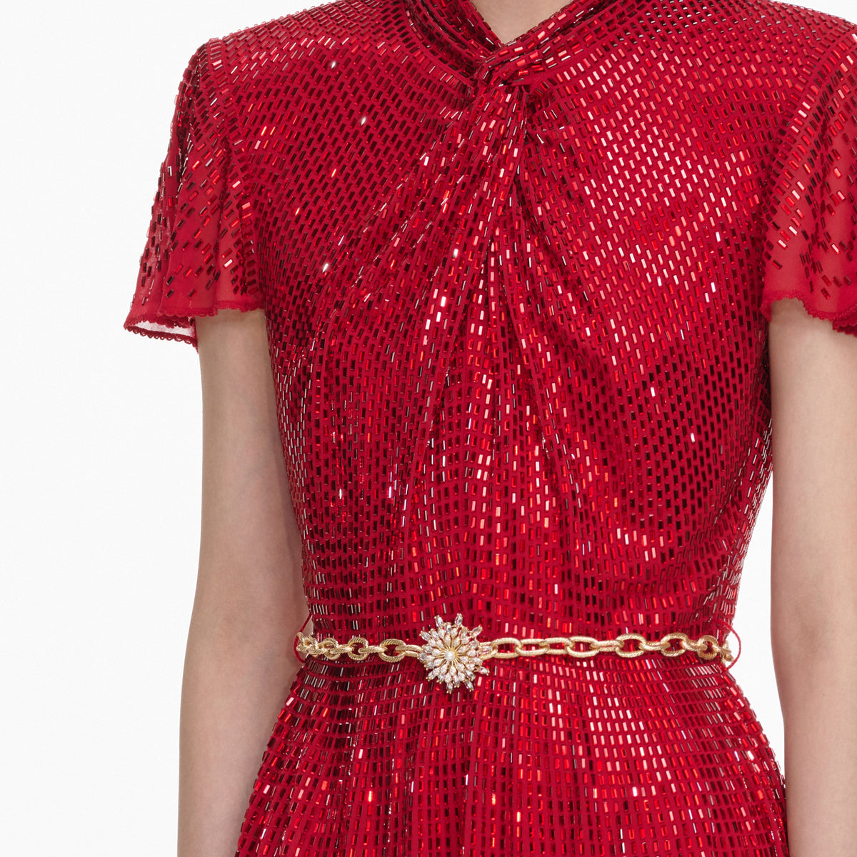 Red Ombre Rhinestone Twist Midi Dress