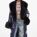 Navy Floral Jacquard Fur Collar Coat