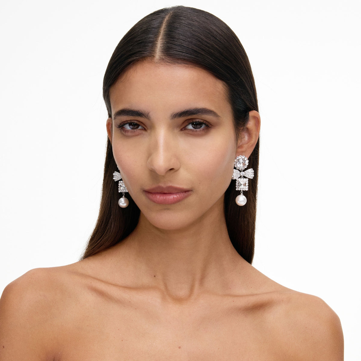 Silver Crystal Bow Pearl Tiered Earrings