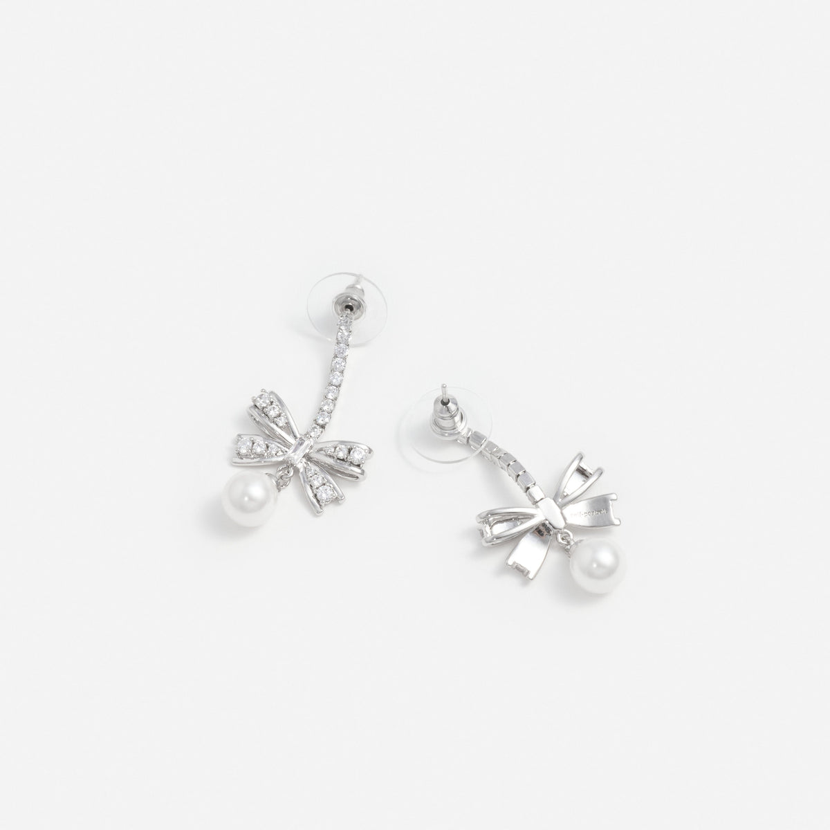 Silver Crystal Bow Pearl Droplet Earrings