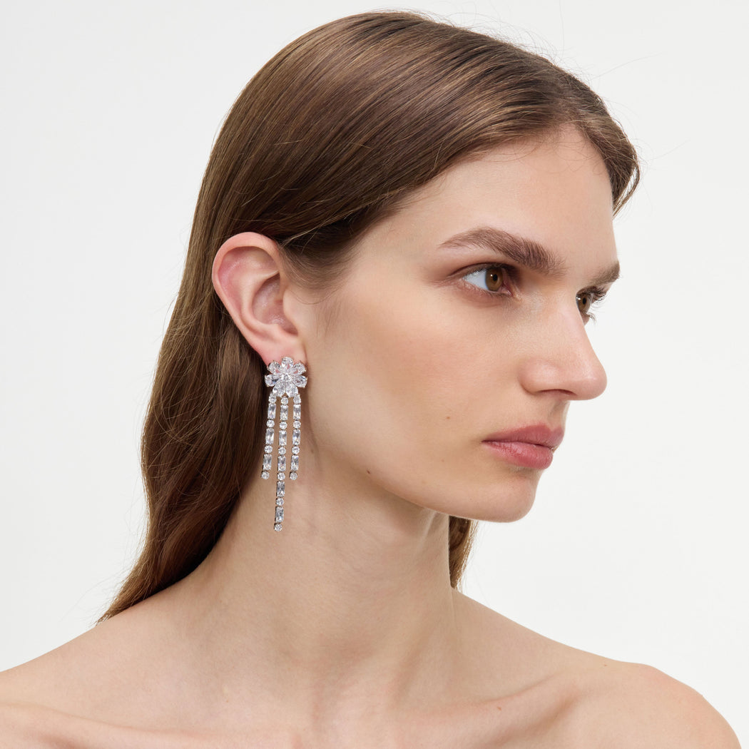 Silver Crystal Flower Droplet Earrings