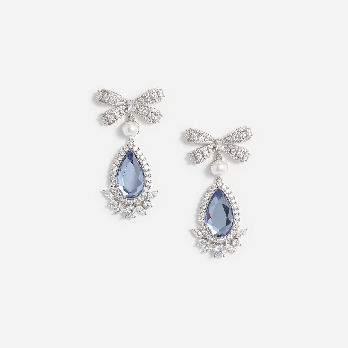Blue Crystal Bow Pearl Droplet Earrings