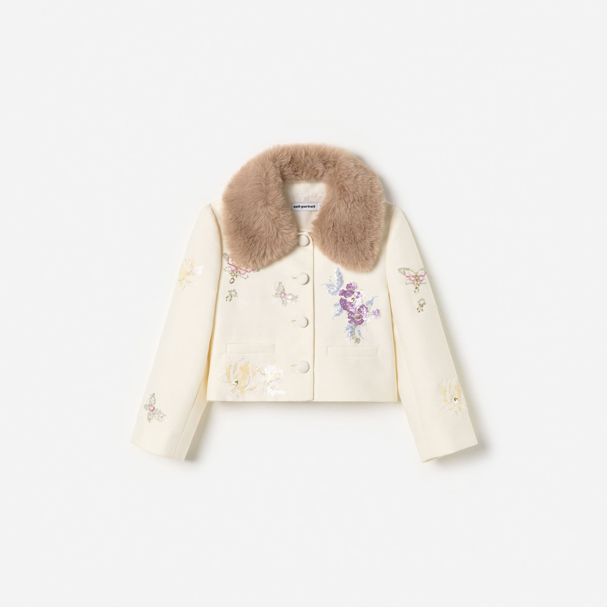 Front view of a girl wearing the Cream Floral Jacquard Fur Collar Jacket