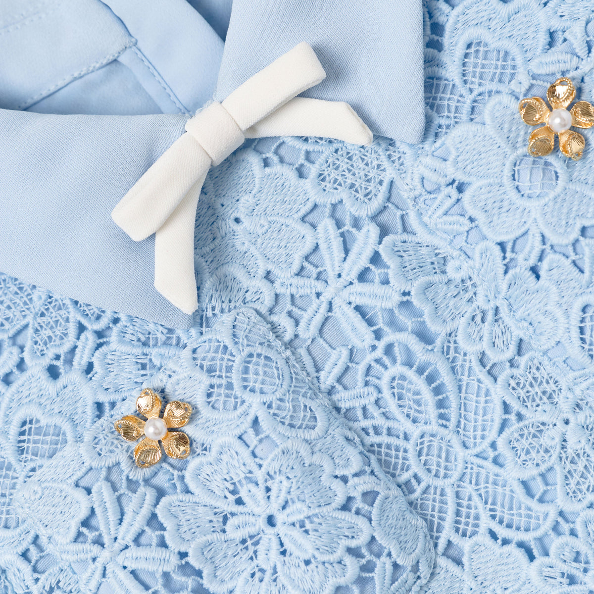 Detail Shot of the Blue Lace Bow Collar Dress