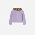 Purple Cable Knit Printed Fur Collar Cardigan