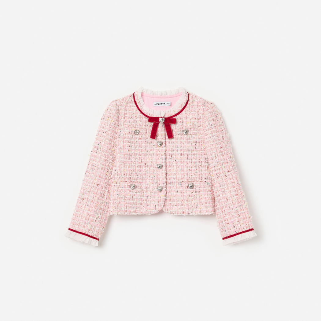 Front view of a girl wearing the Pink Textured Boucle Frill Collar Jacket