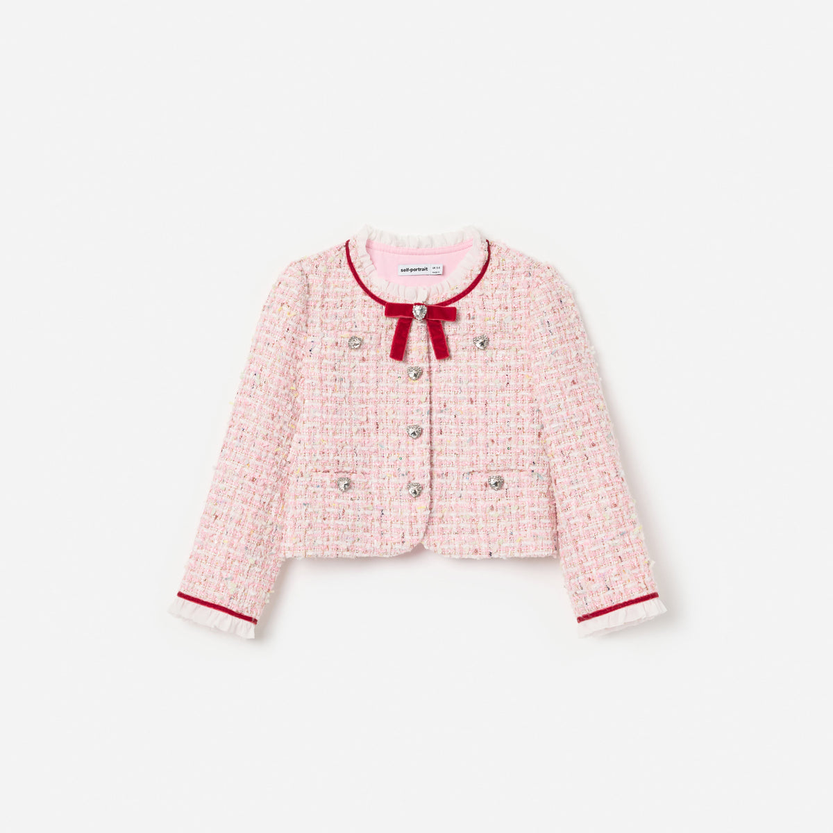 Front view of a girl wearing the Pink Textured Boucle Frill Collar Jacket