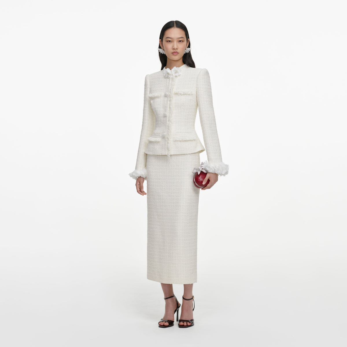 Cream Boucle Flower Midi Dress