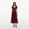 Burgundy Viscose Pleated Lace Midi Dress