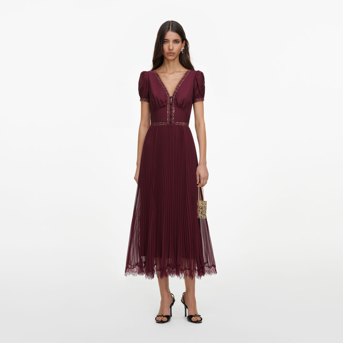 Burgundy Viscose Pleated Lace Midi Dress