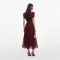 Burgundy Viscose Pleated Lace Midi Dress