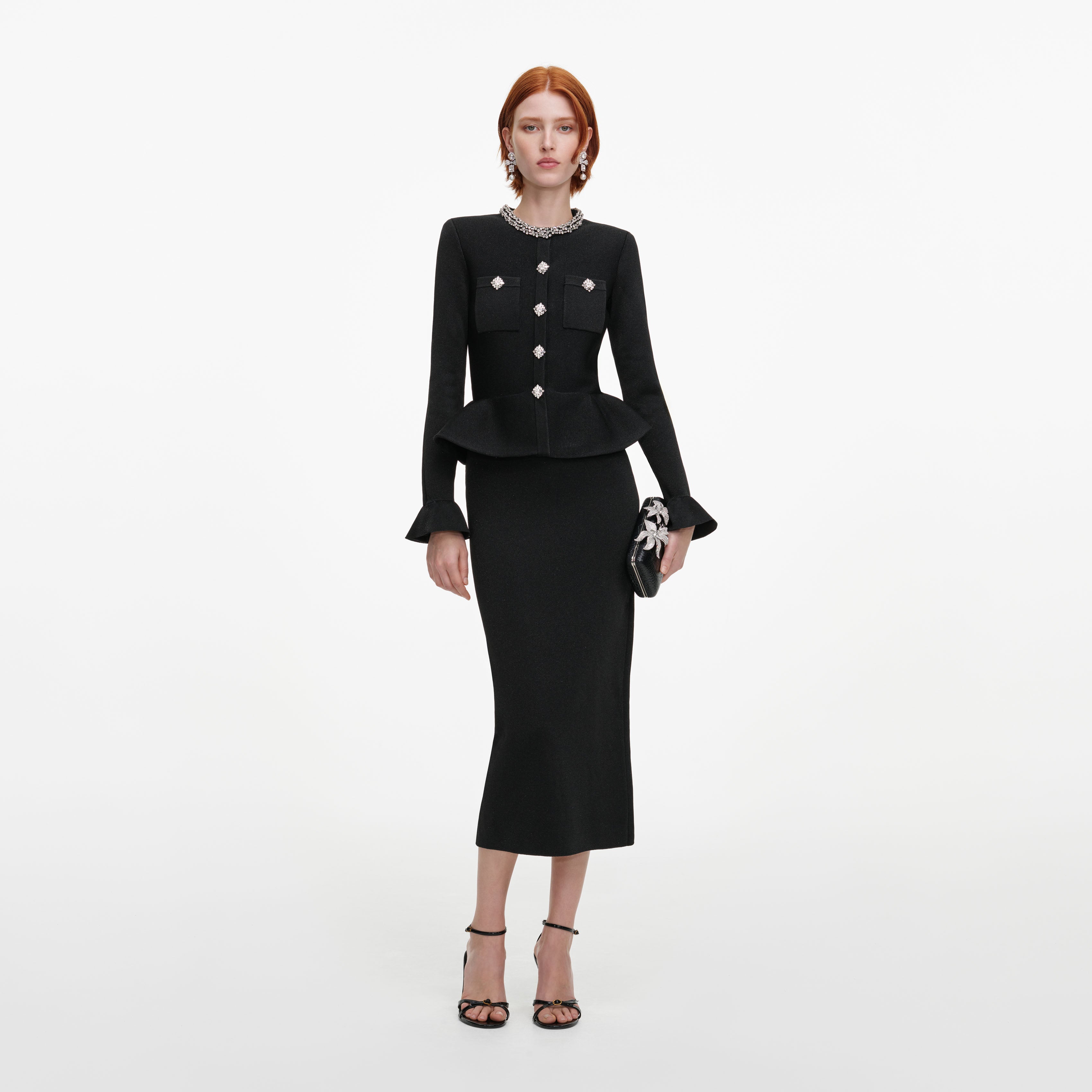 Black Crystal Trim Knit Midi Dress