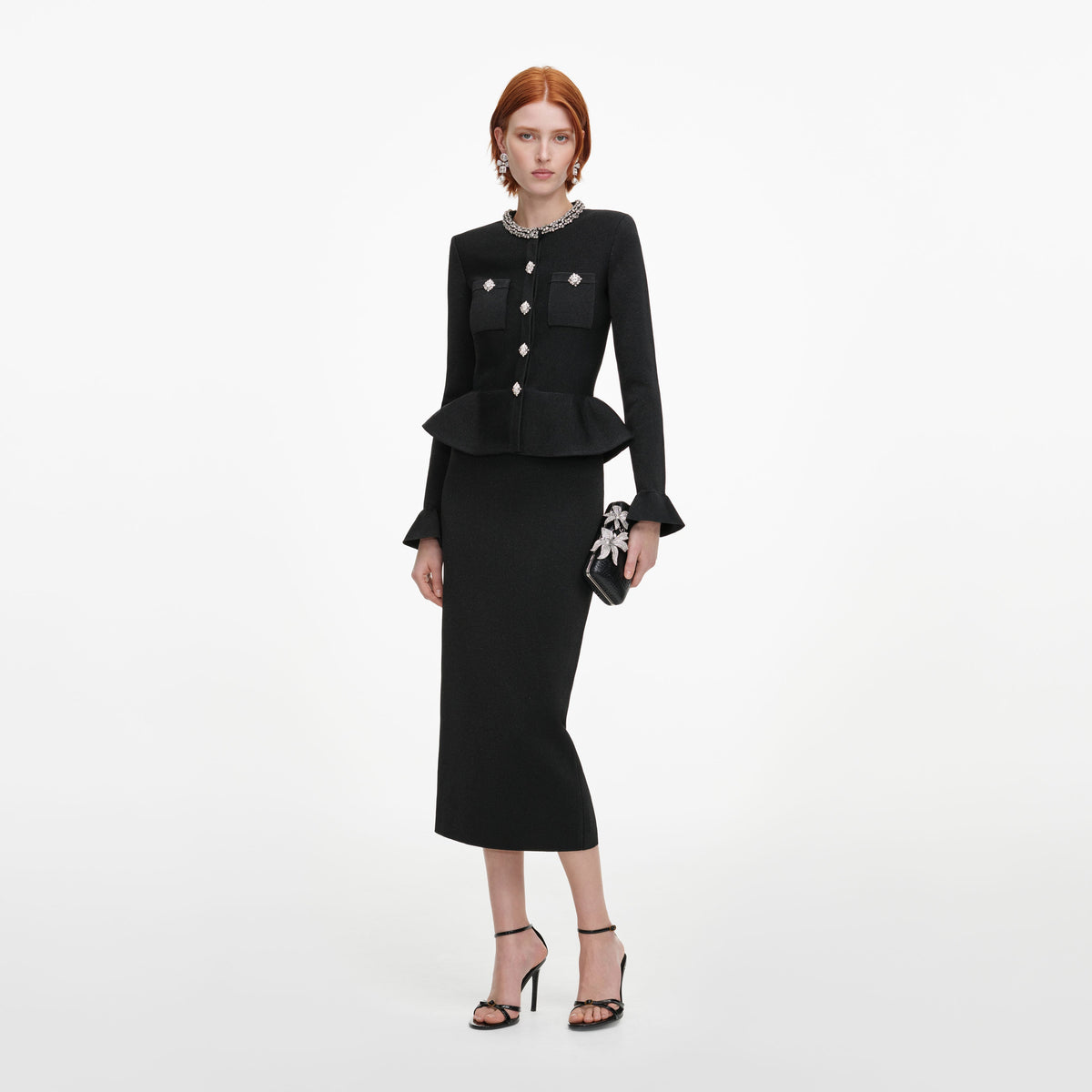 Black Crystal Trim Knit Midi Dress