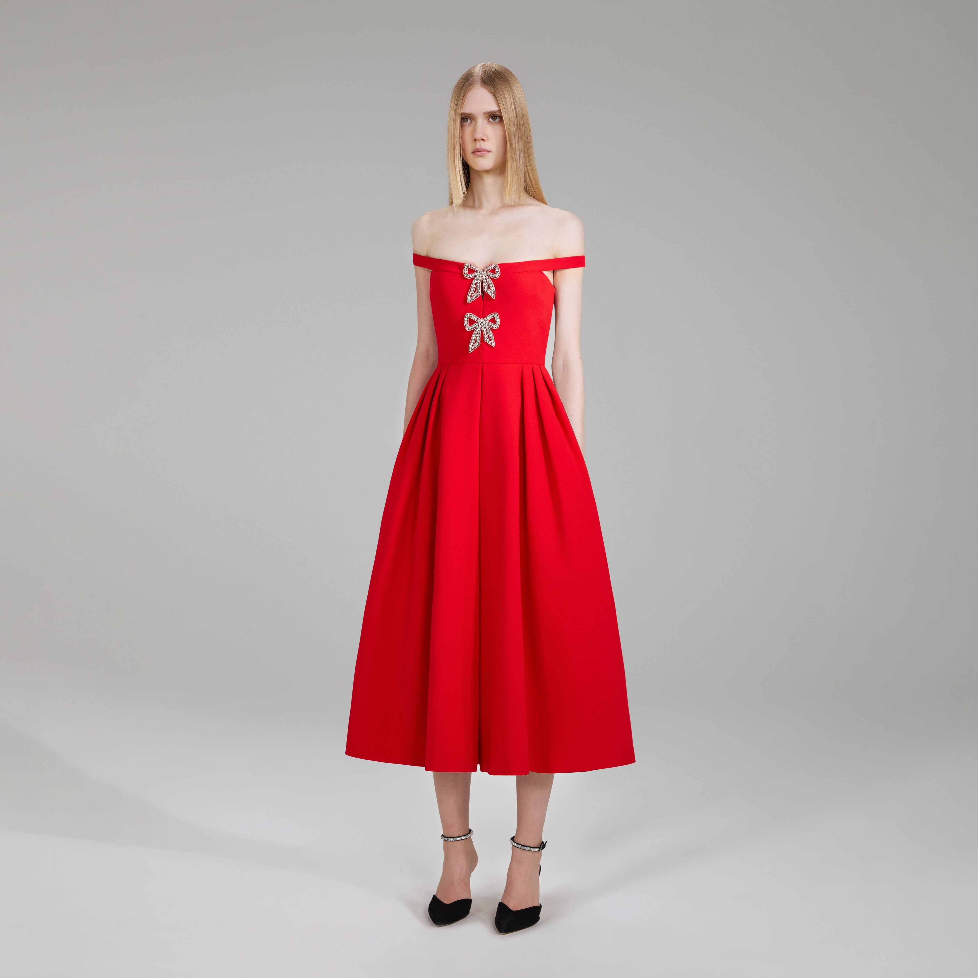 Red Crepe Bow Midi Dress
