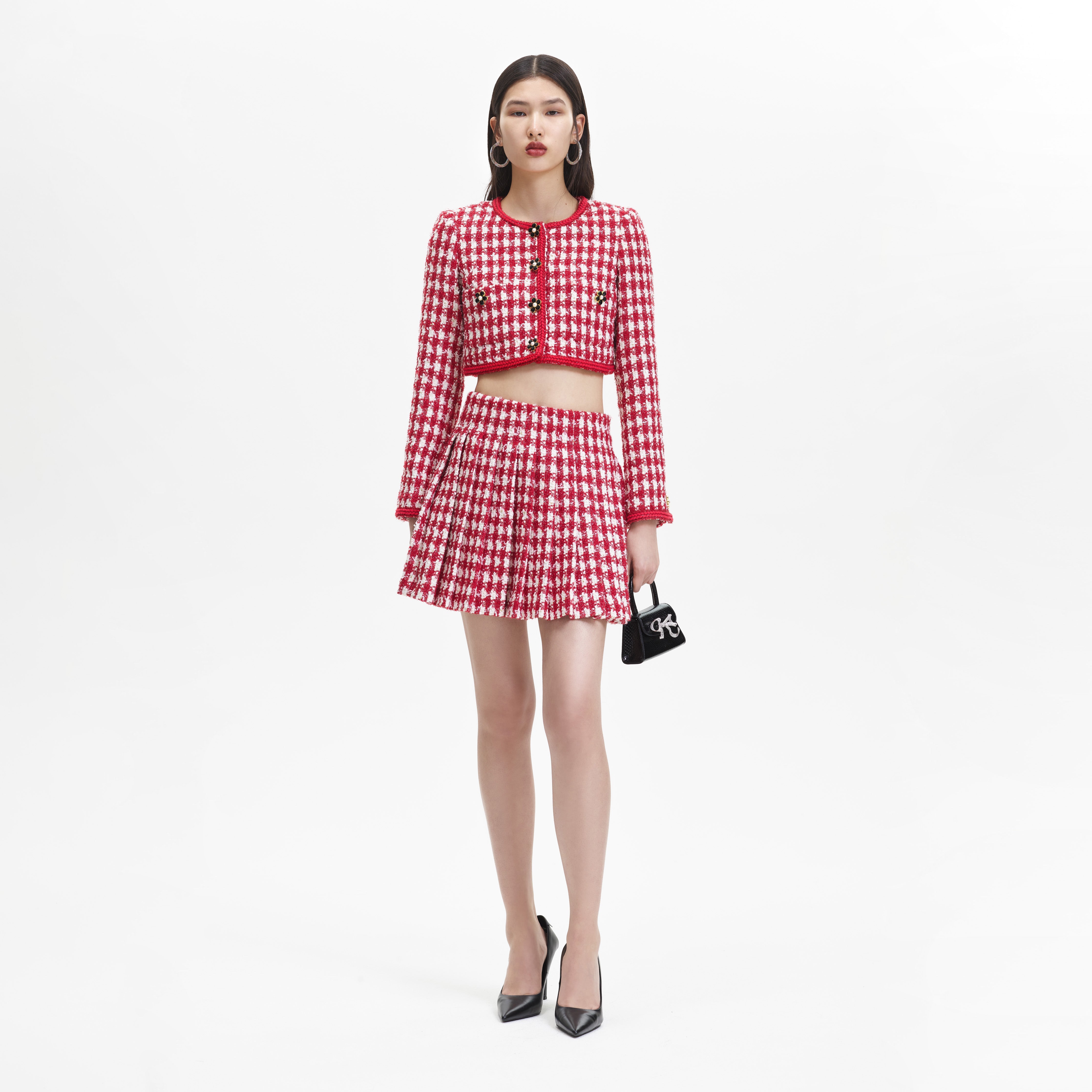 Red Check Boucle Pleated Mini Skirt