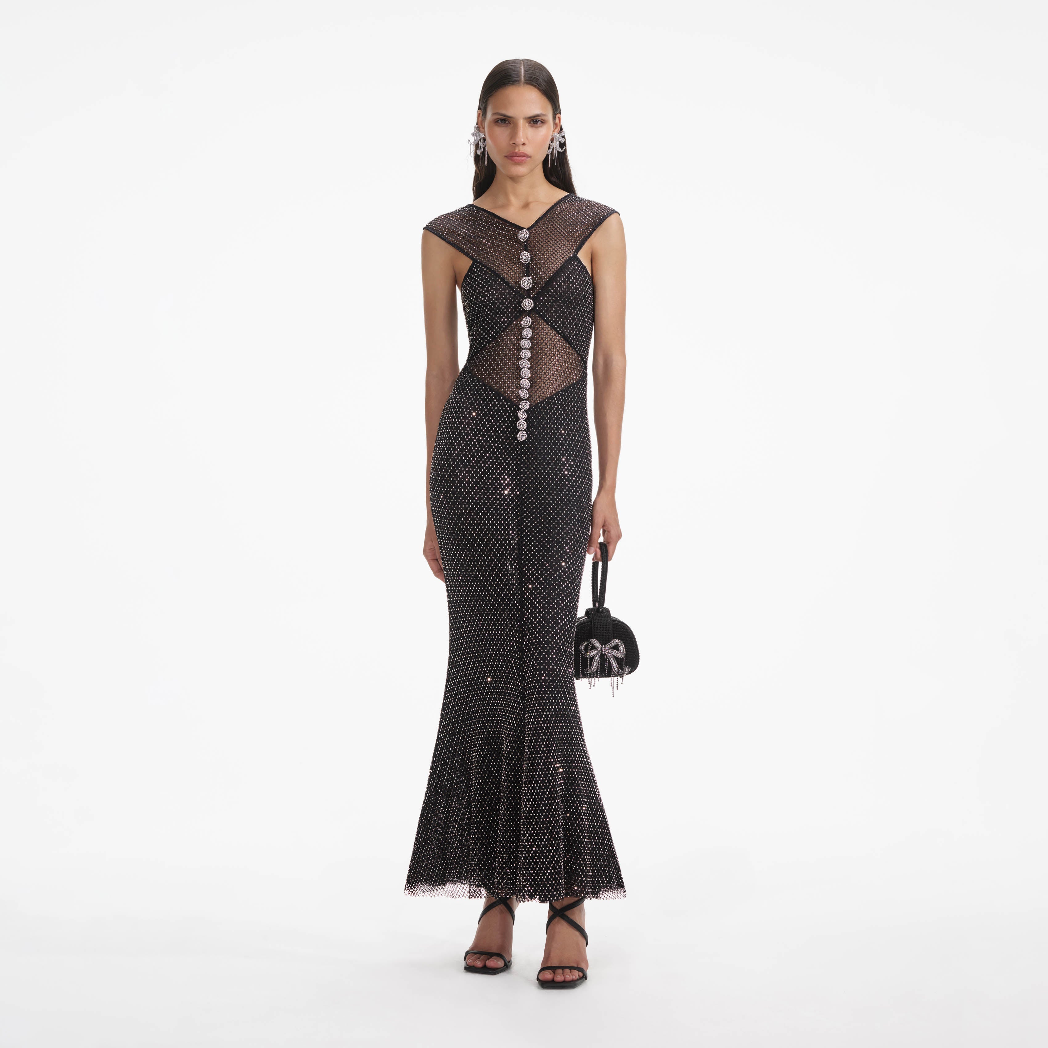 self-portrait - Black Rhinestone Fishnet Crossover Midi Dress self-portrait - Black Rhinestone Fishnet Crossover Midi Dress