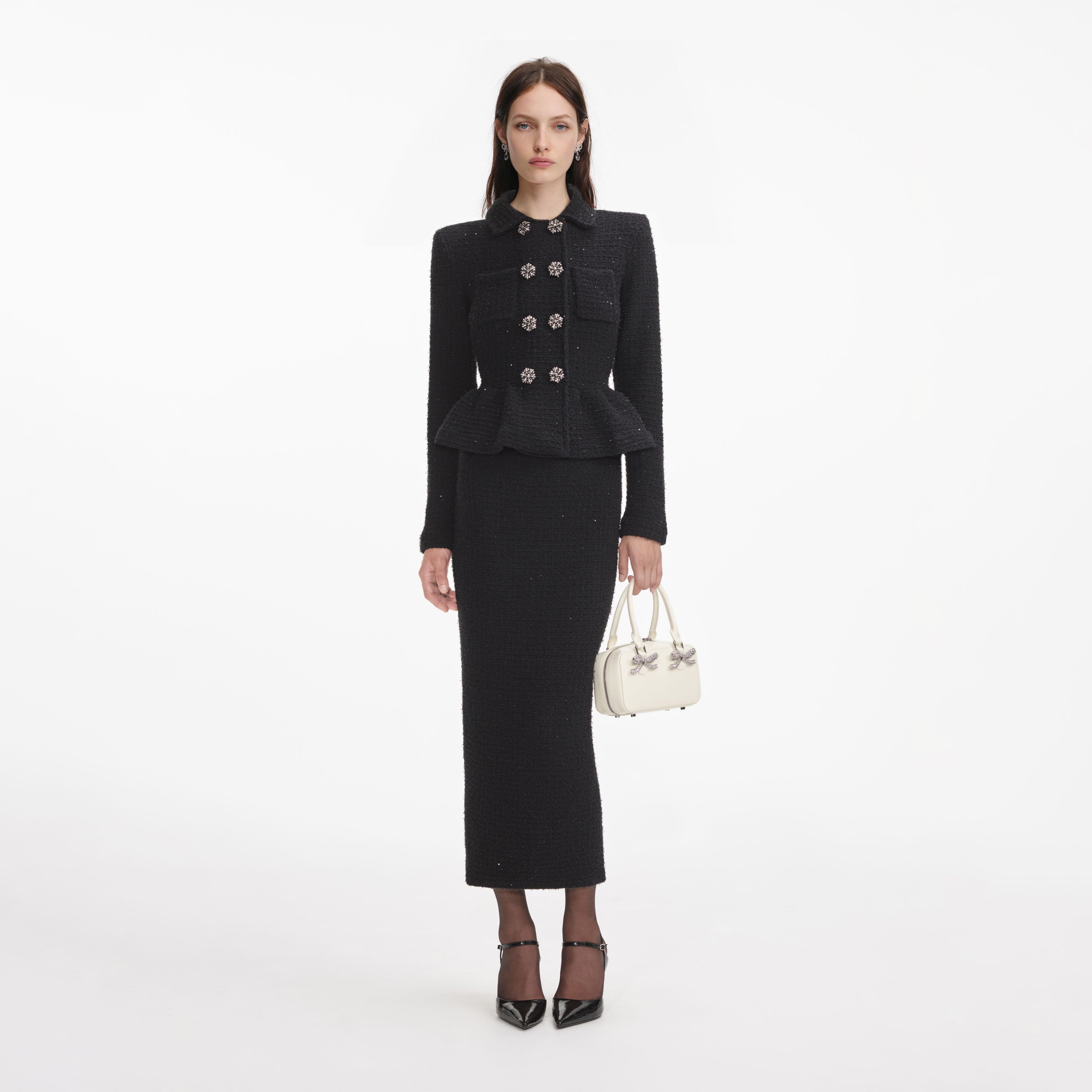 black peplum dress outfit self-portrait - Black Textured Knit Peplum Midi Dress