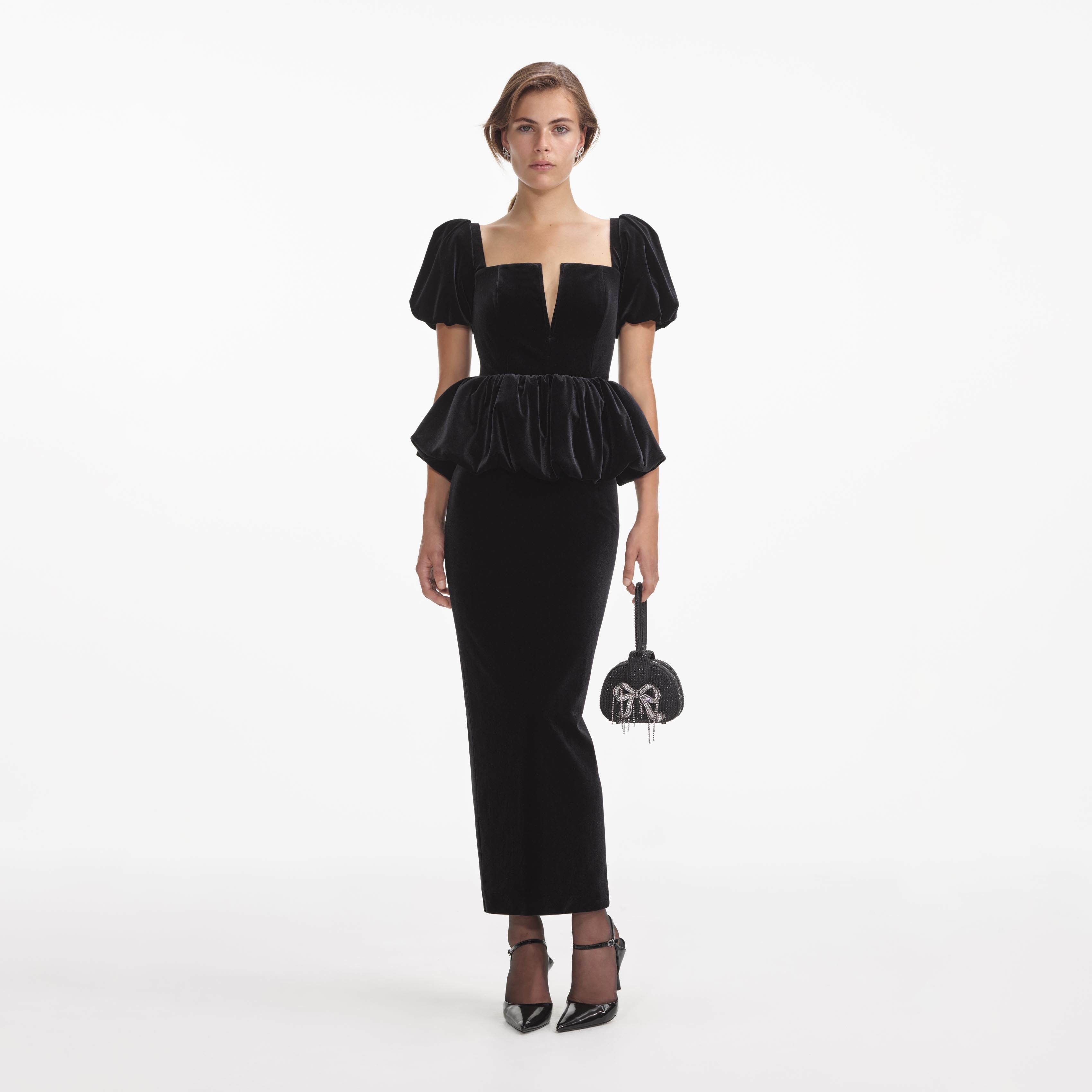Black Velvet Peplum Midi Dress – self-portrait-US Black Velvet Peplum Midi Dress – self-portrait-US