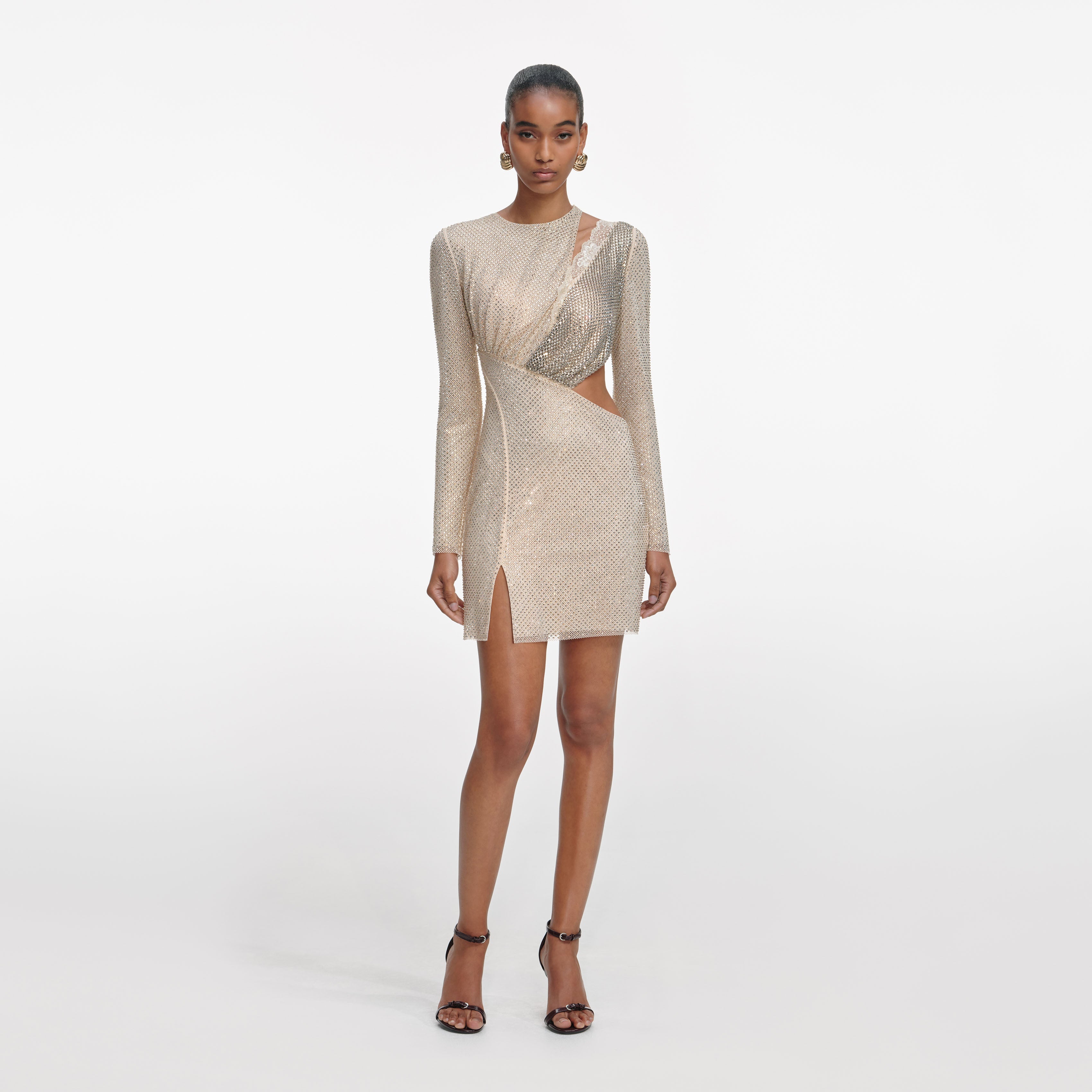 Self-Portrait - Champagne Rhinestone Lace Trim Mini Dress
