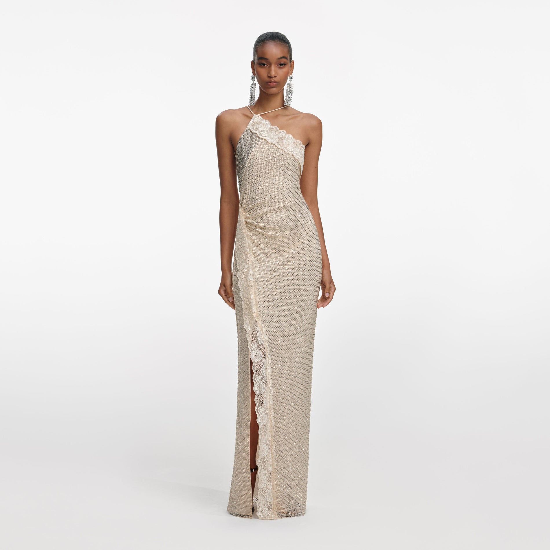 Front view of a woman wearing the Champagne Rhinestone Lace Trim Maxi Dress