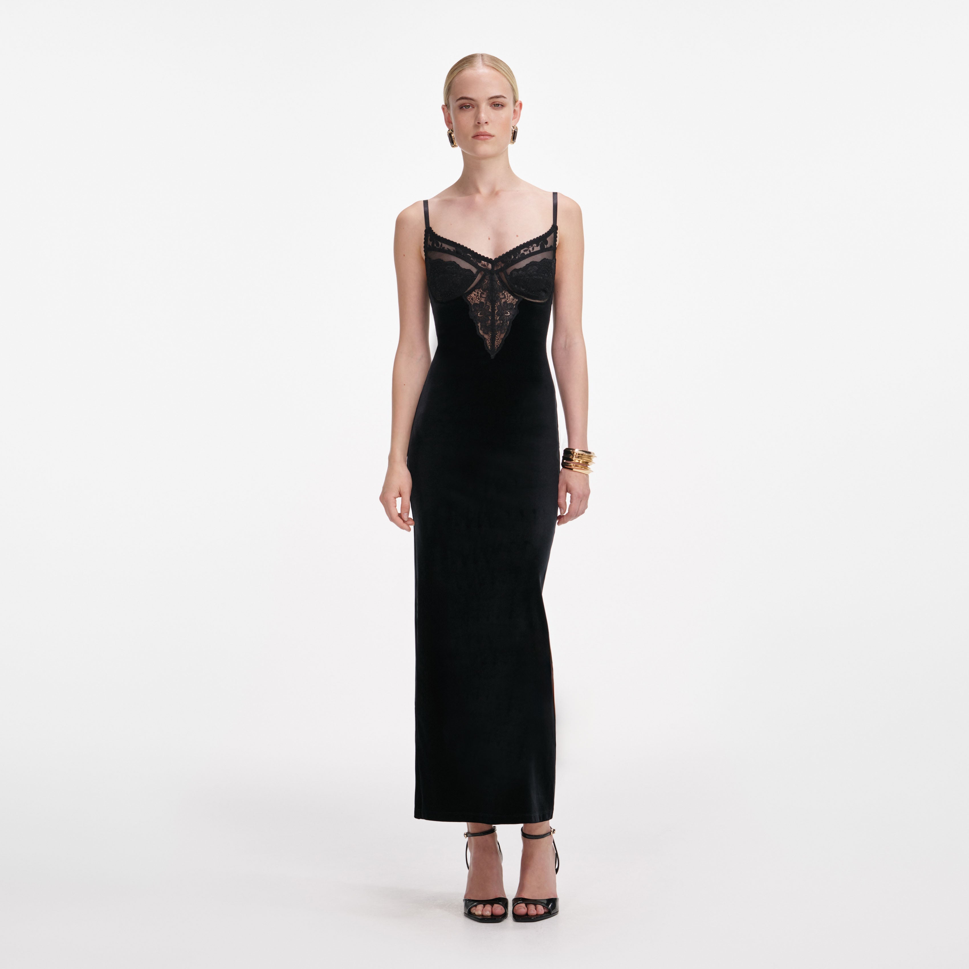 self-portrait - Black Velvet Strappy Midi Dress - UK 14 self-portrait - Black Velvet Strappy Midi Dress - UK 14