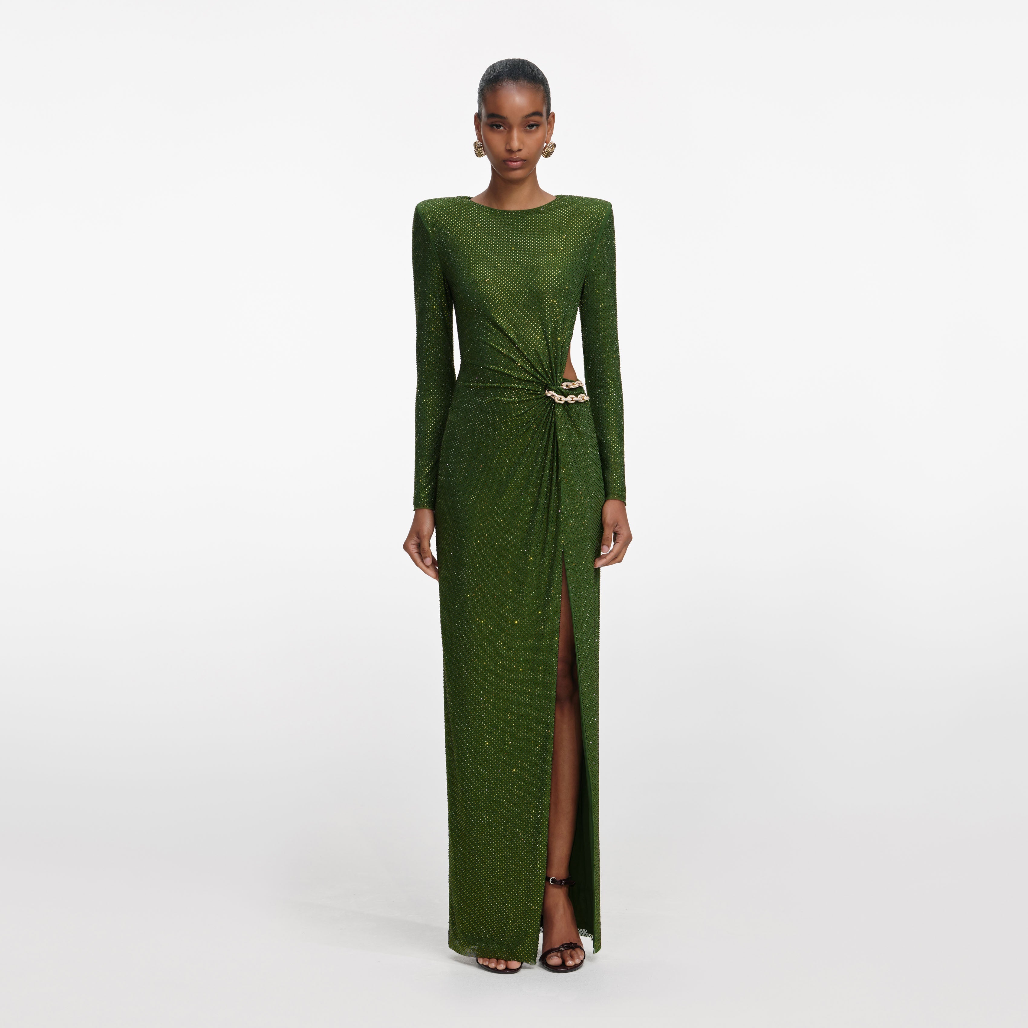 self-portrait - Olive Rhinestone Embellished Maxi Dress - US 10 self-portrait - Olive Rhinestone Embellished Maxi Dress - US 10