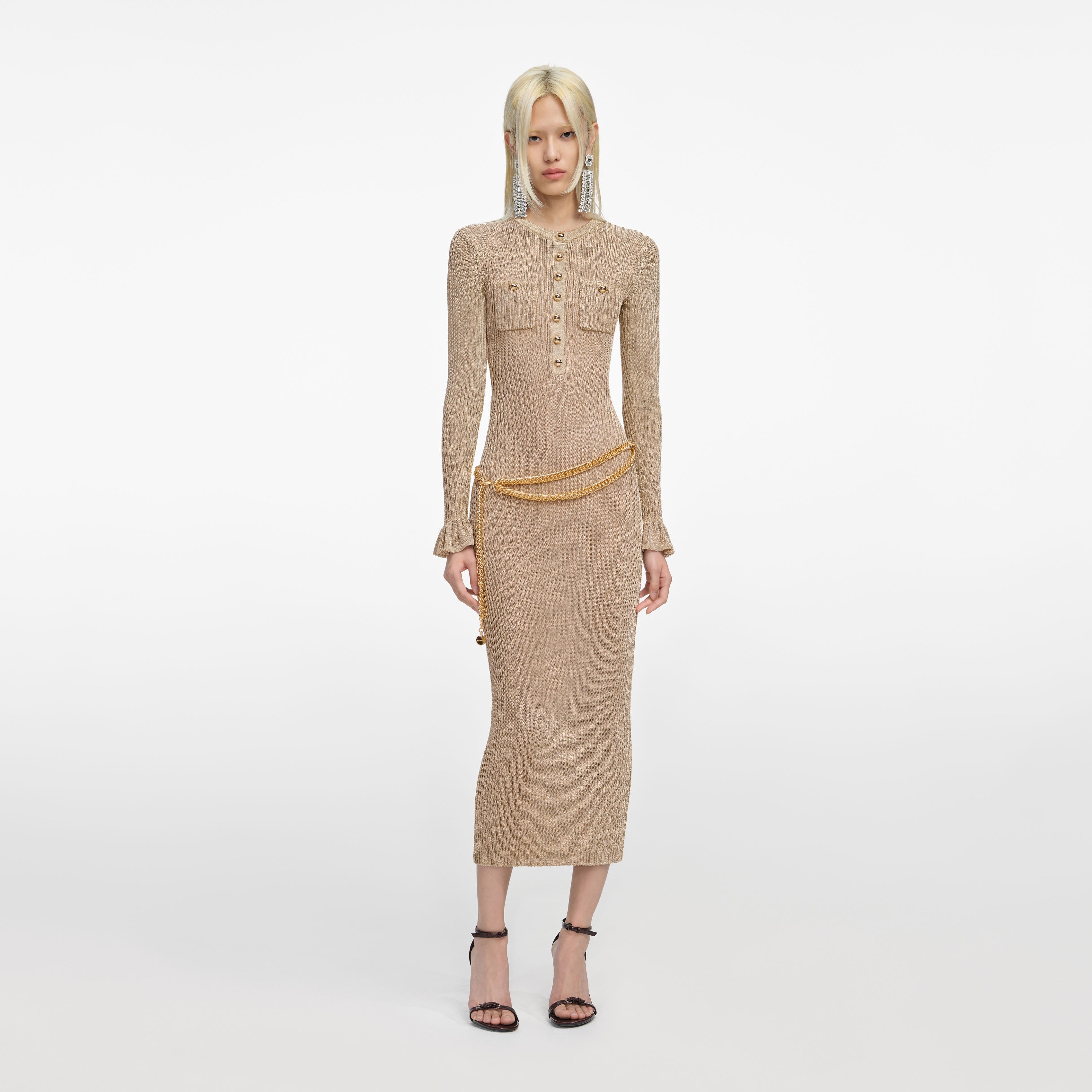 self-portrait - Gold Lurex Ribbed Knit Midi Dress - L self-portrait - Gold Lurex Ribbed Knit Midi Dress - L