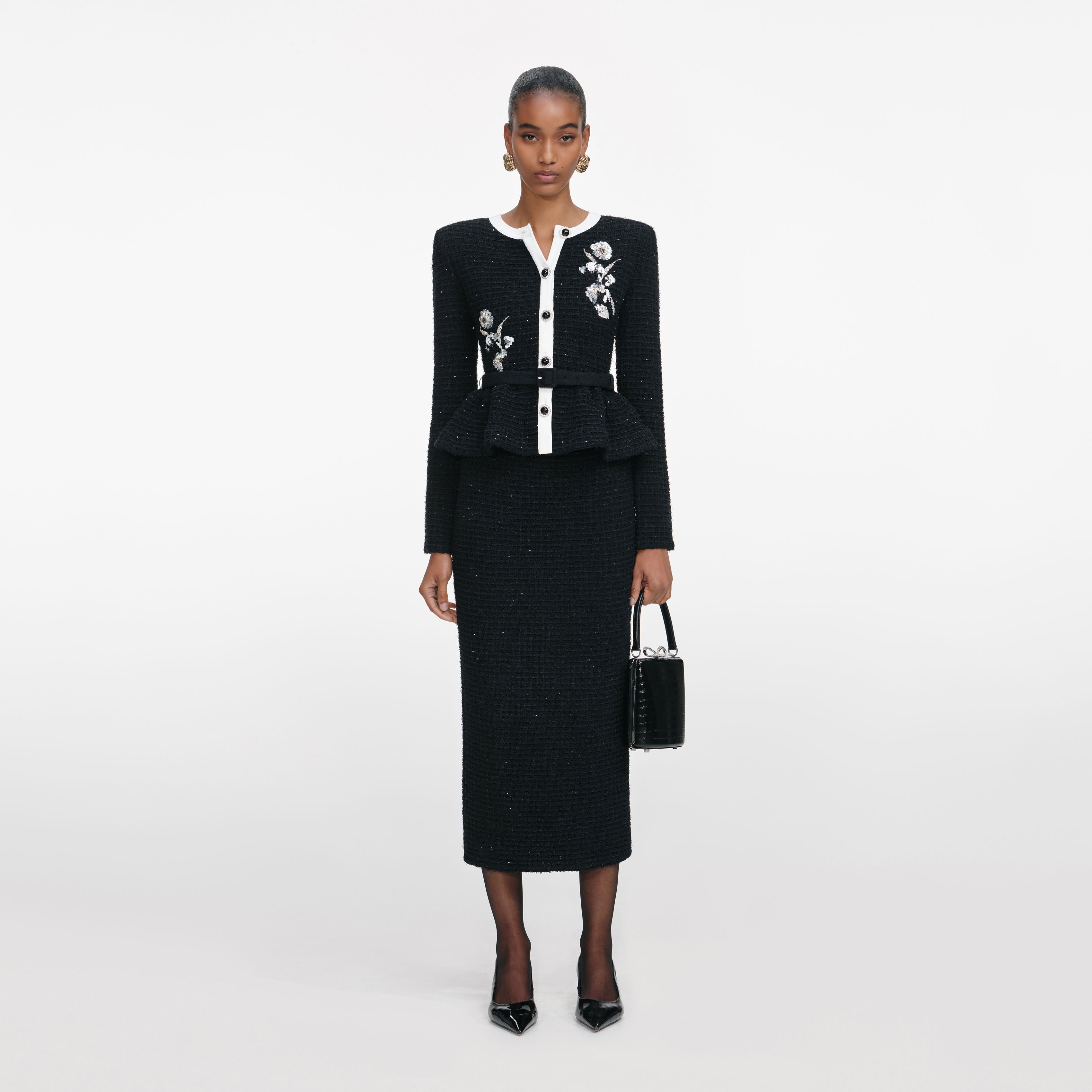 self-portrait - Black Floral Textured Knit Midi Dress - M self-portrait - Black Floral Textured Knit Midi Dress - M