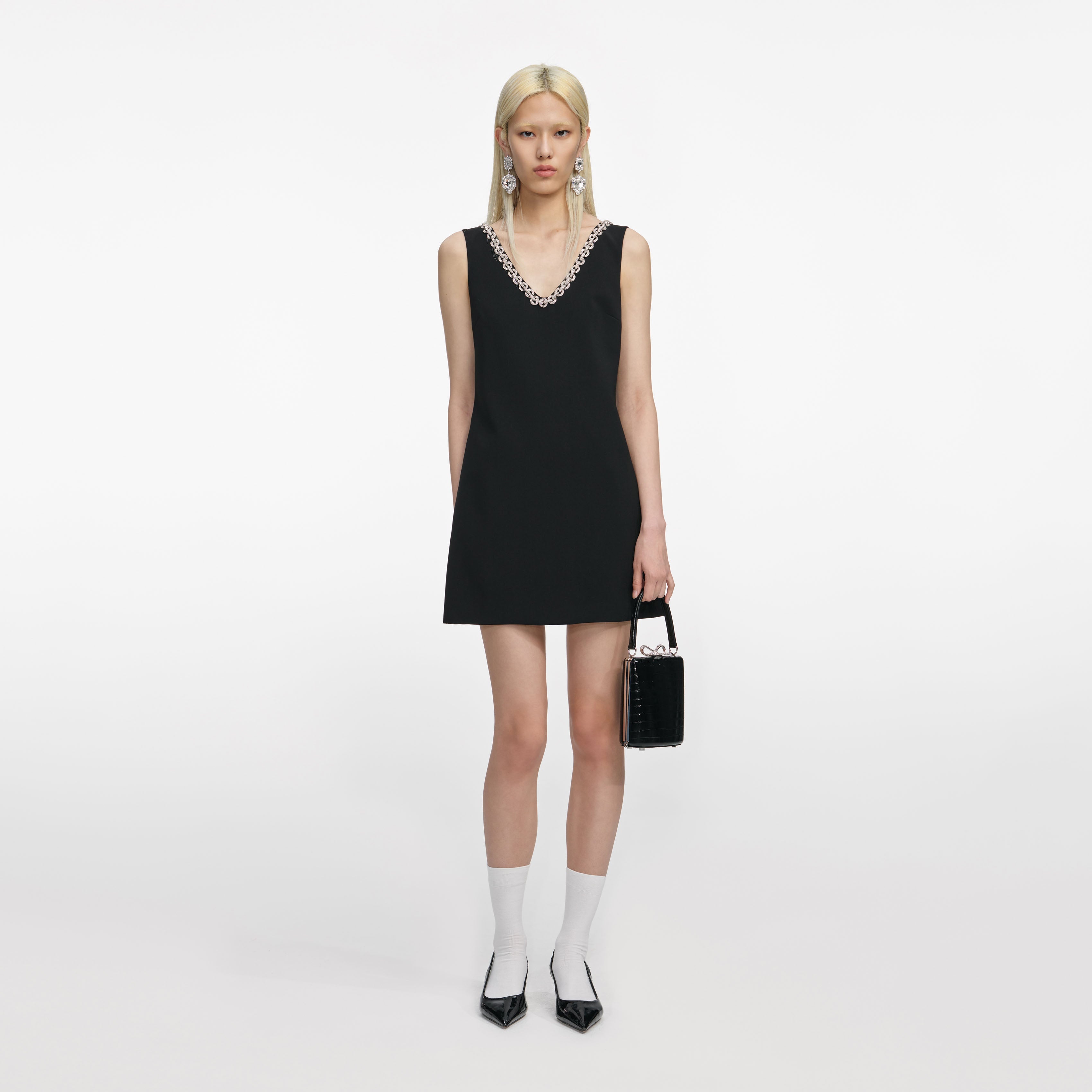 Black Crepe Crystal Trim Mini Dress – self-portrait-US