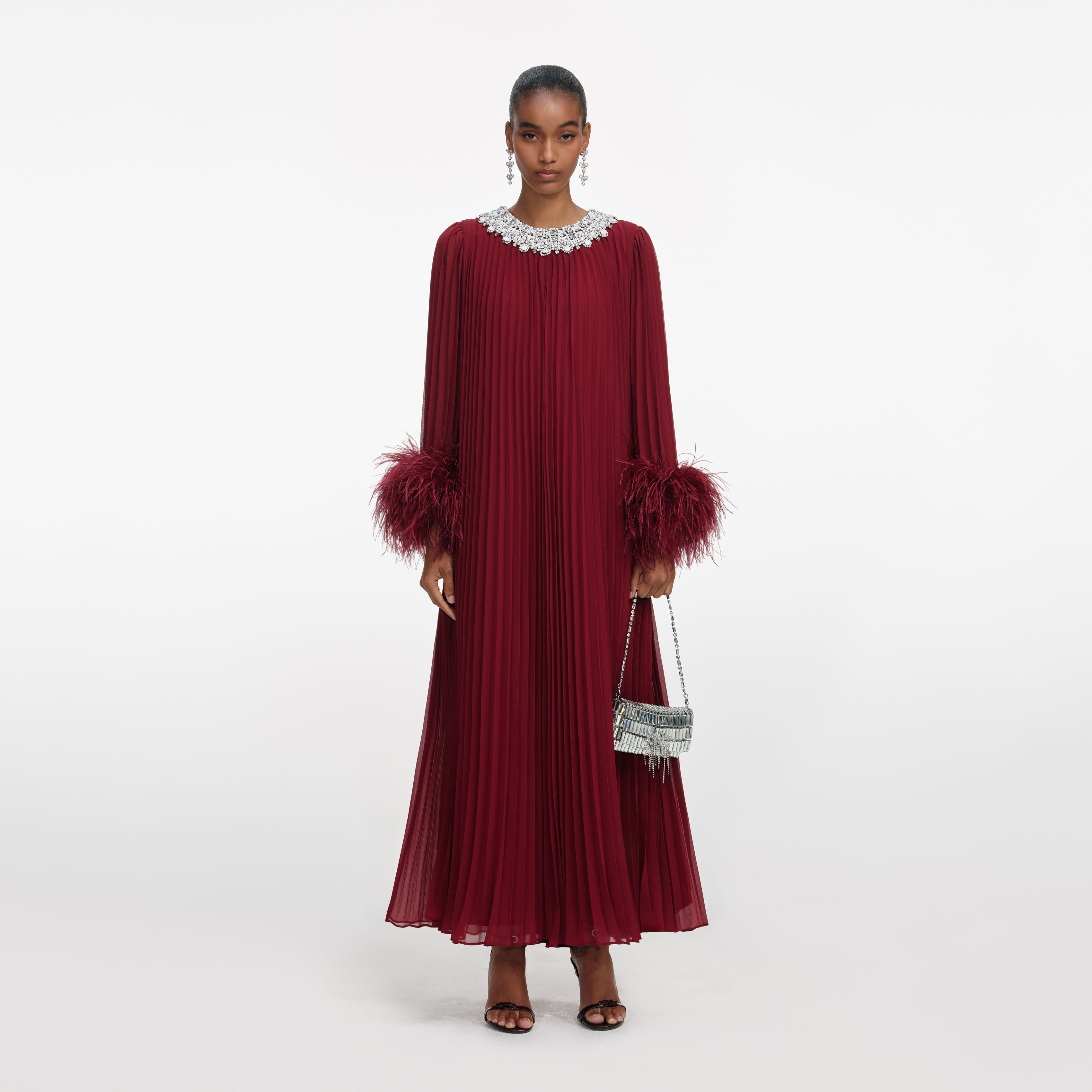 self-portrait - Burgundy Chiffon Feather Midi Dress - US 2 self-portrait - Burgundy Chiffon Feather Midi Dress - US 2