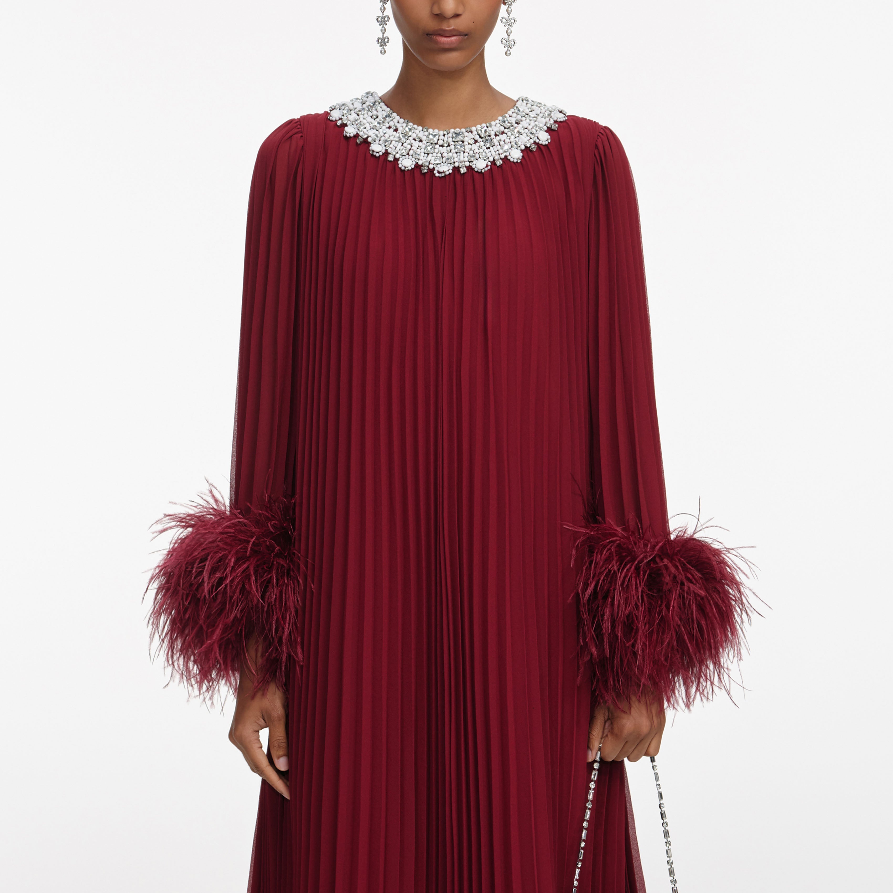 Burgundy Chiffon Feather Midi Dress