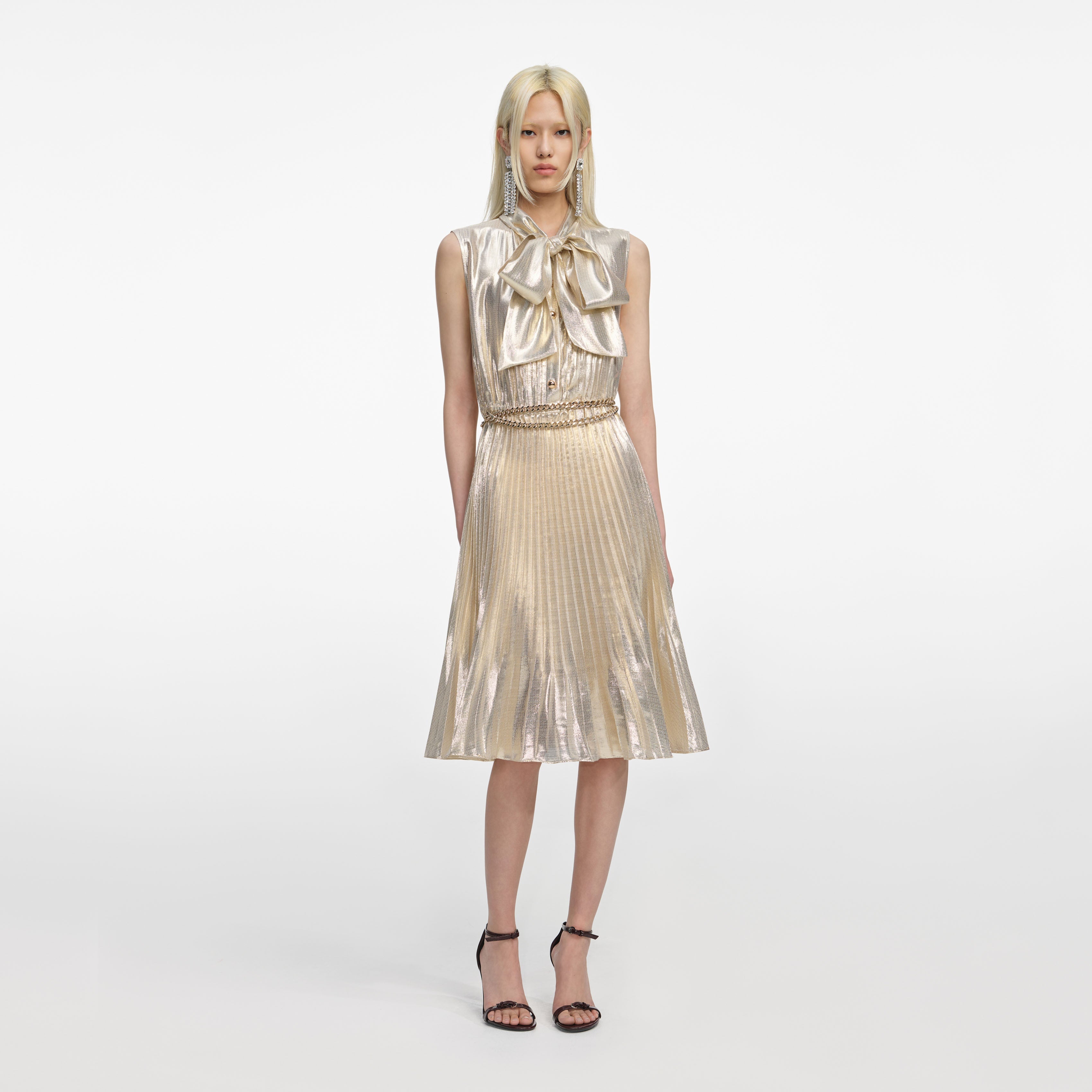 Self-Portrait - Gold Metallic Sleeveless Midi Dress - US 4 Self-Portrait - Gold Metallic Sleeveless Midi Dress - US 4