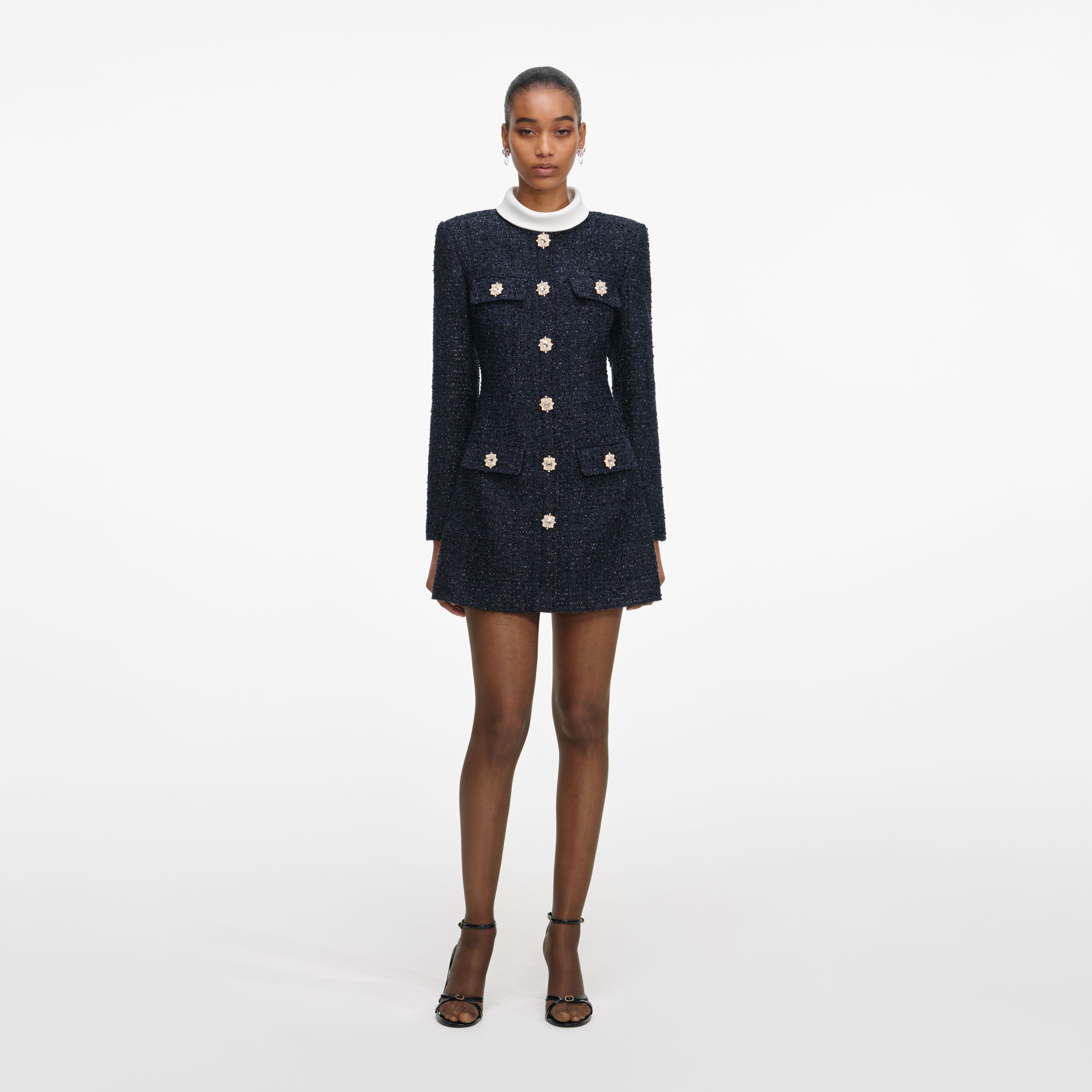 fitted lace wedding dress Self-Portrait - Navy Boucle Long Sleeve Mini Dress