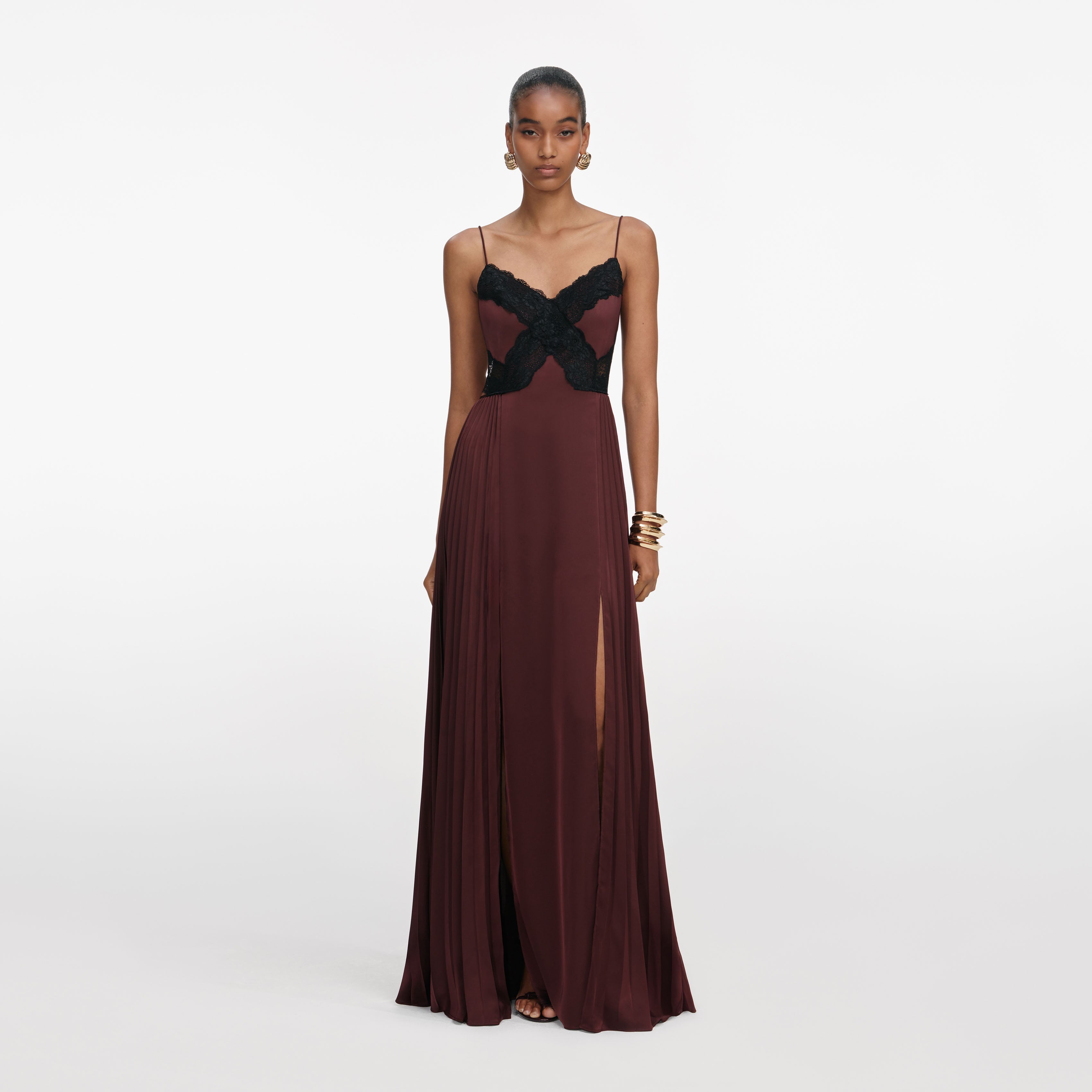 self-portrait - Brown Satin Lace Maxi Dress - US 8 self-portrait - Brown Satin Lace Maxi Dress - US 8