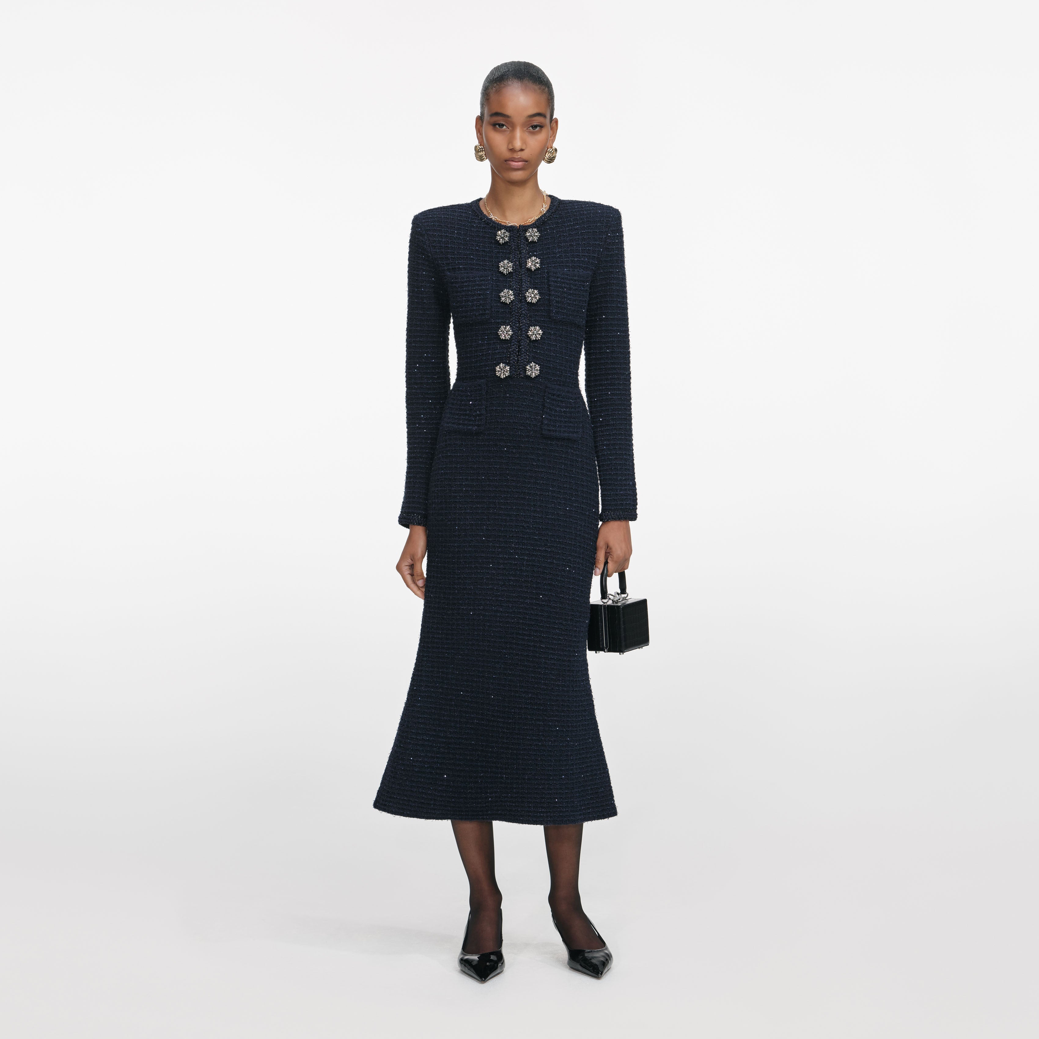 navy midi knit dress Two-tone knit midi dress in Navy Blue for Women