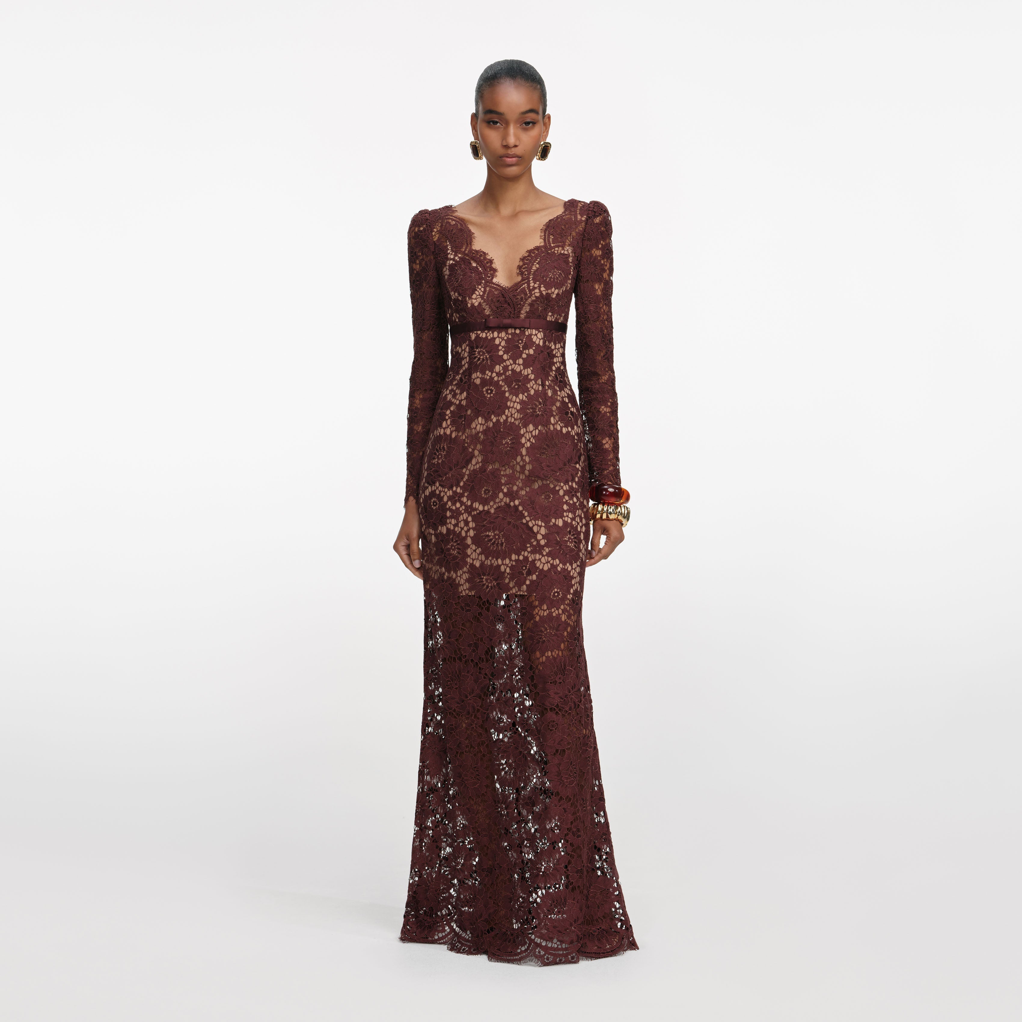 Brown Floral Lace Maxi Dress – self-portrait-US