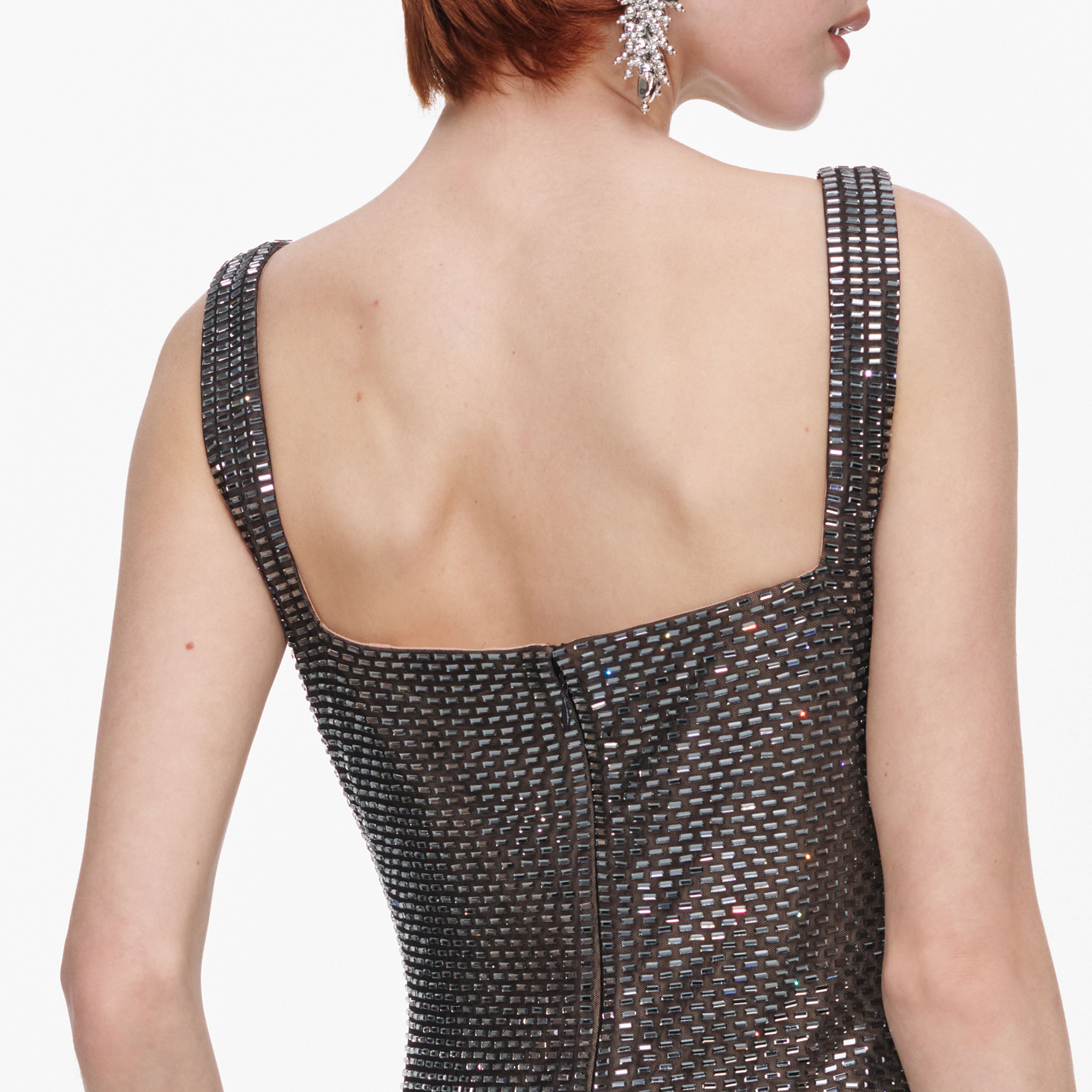 Gunmetal Square Neck Rhinestone Maxi Dress