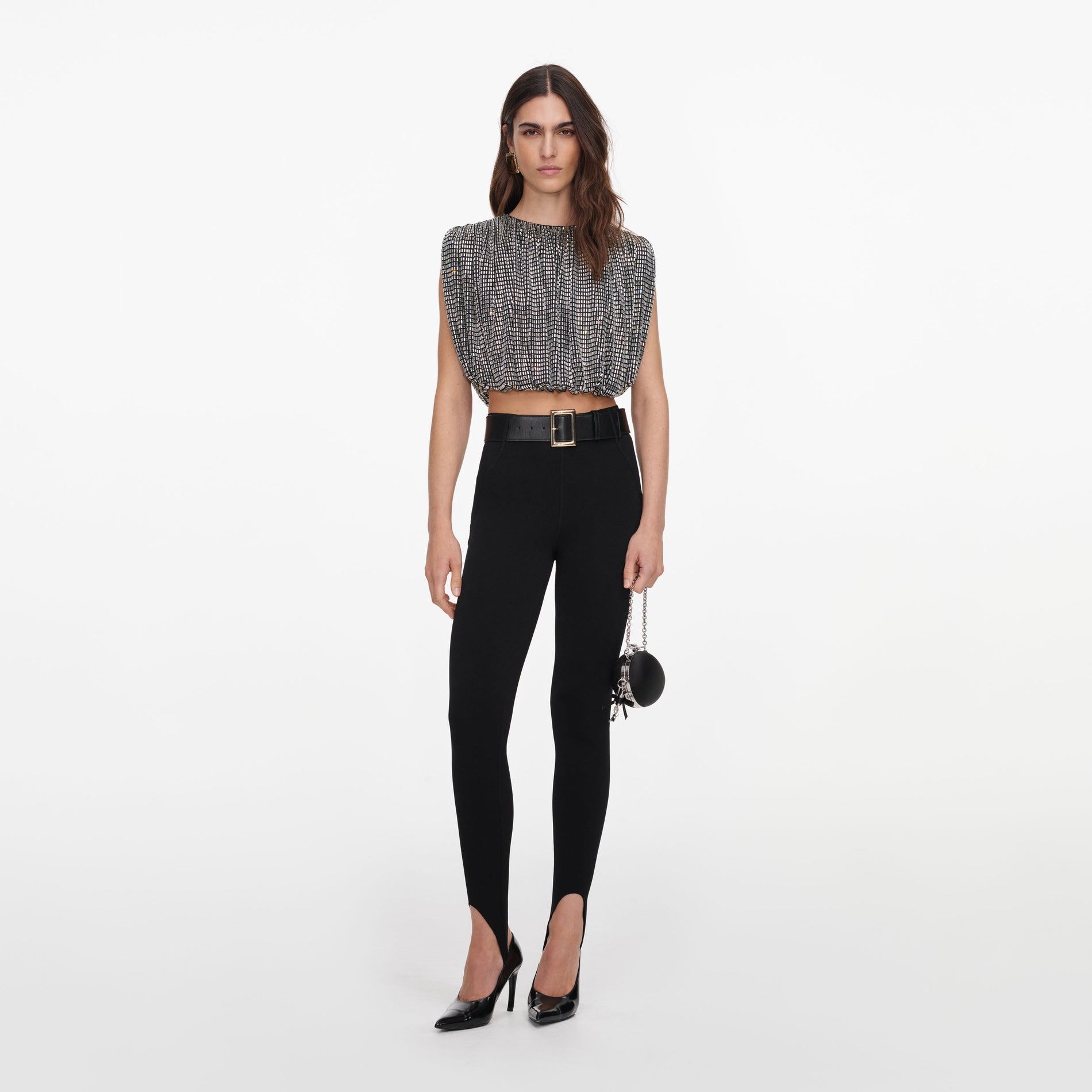Front view of a woman wearing the Silver Rhinestone Drape Top