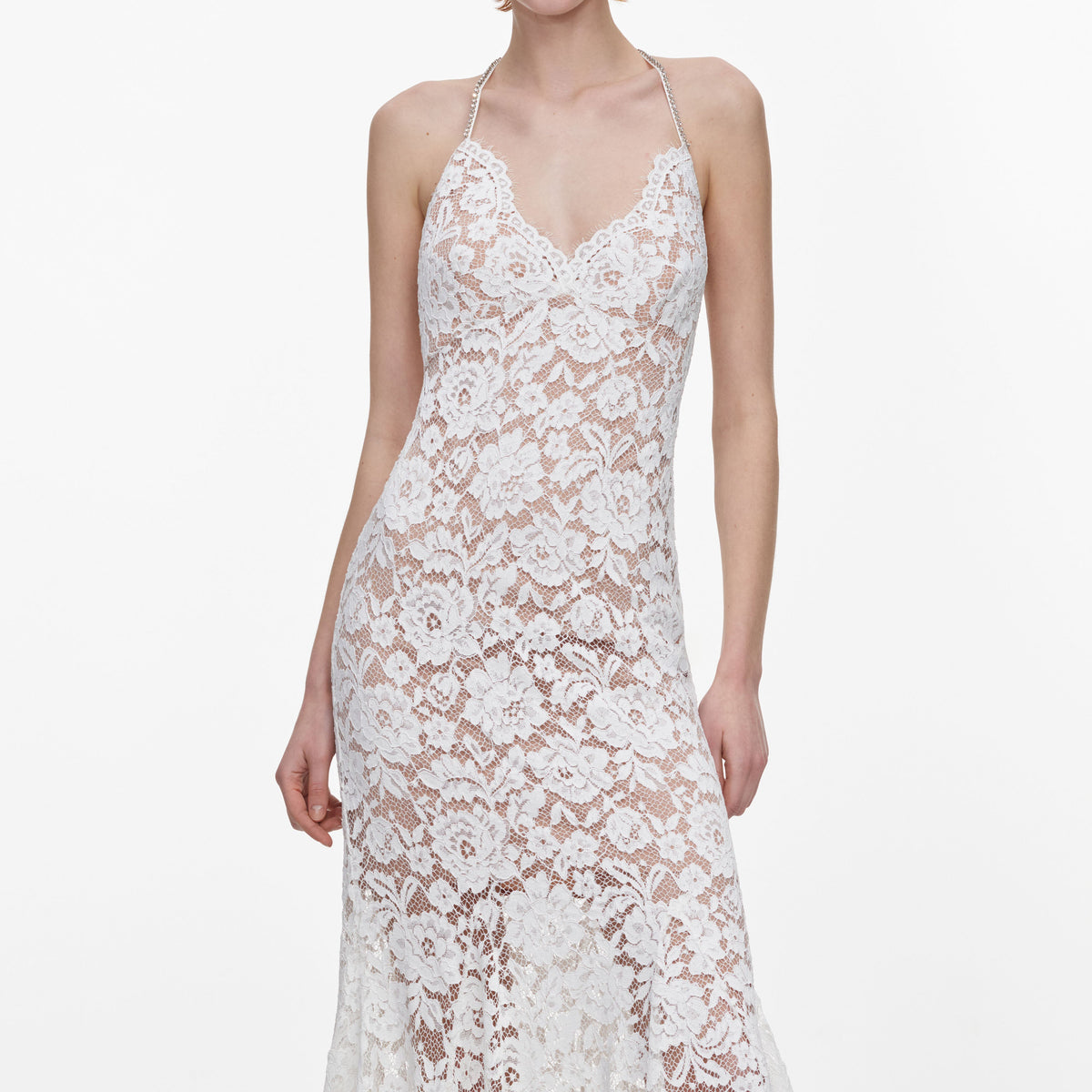 White Fine Lace Feather Maxi Dress