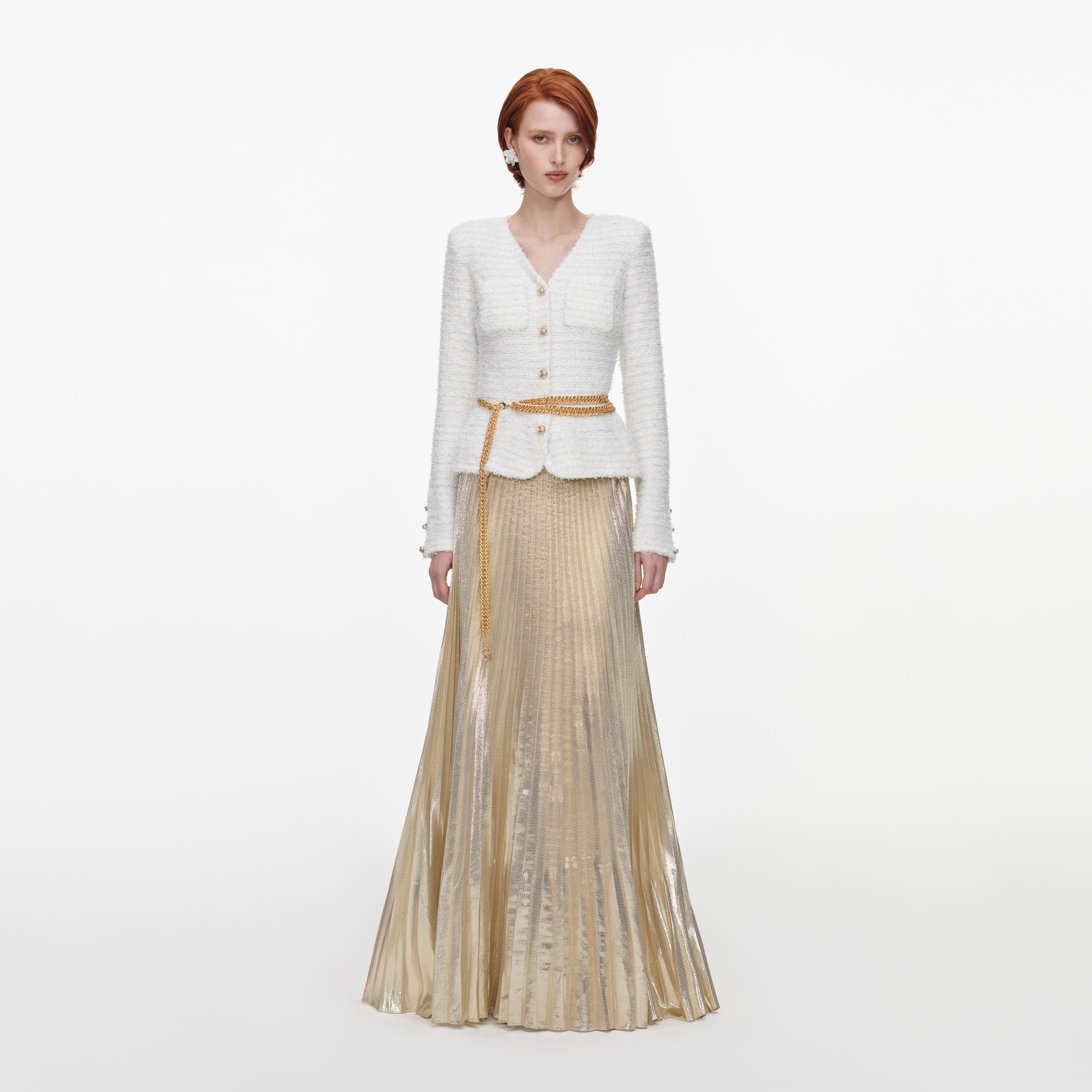 Cream Textured Knit Metallic Chiffon Maxi Dress