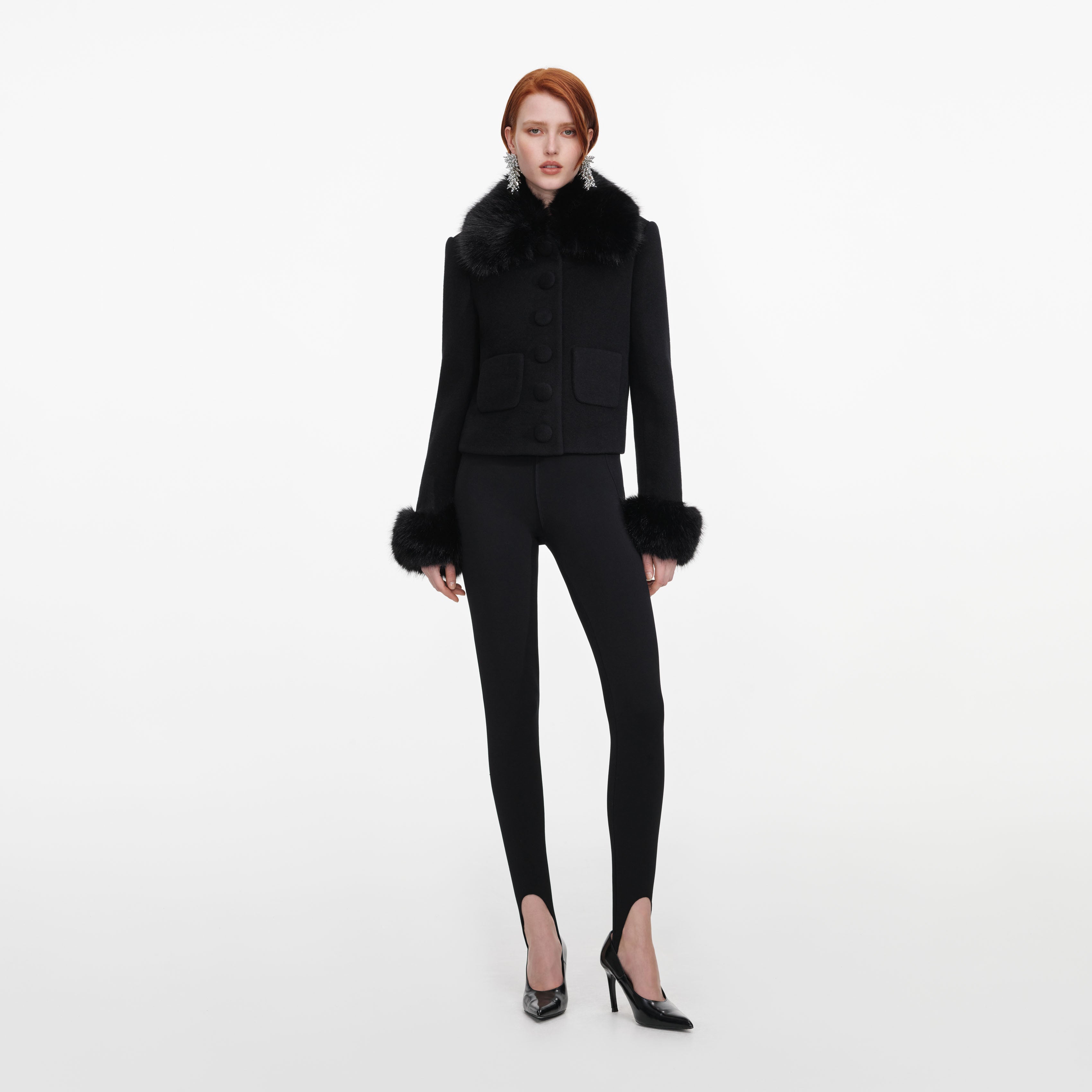 Black Wool Fur Cuff Jacket