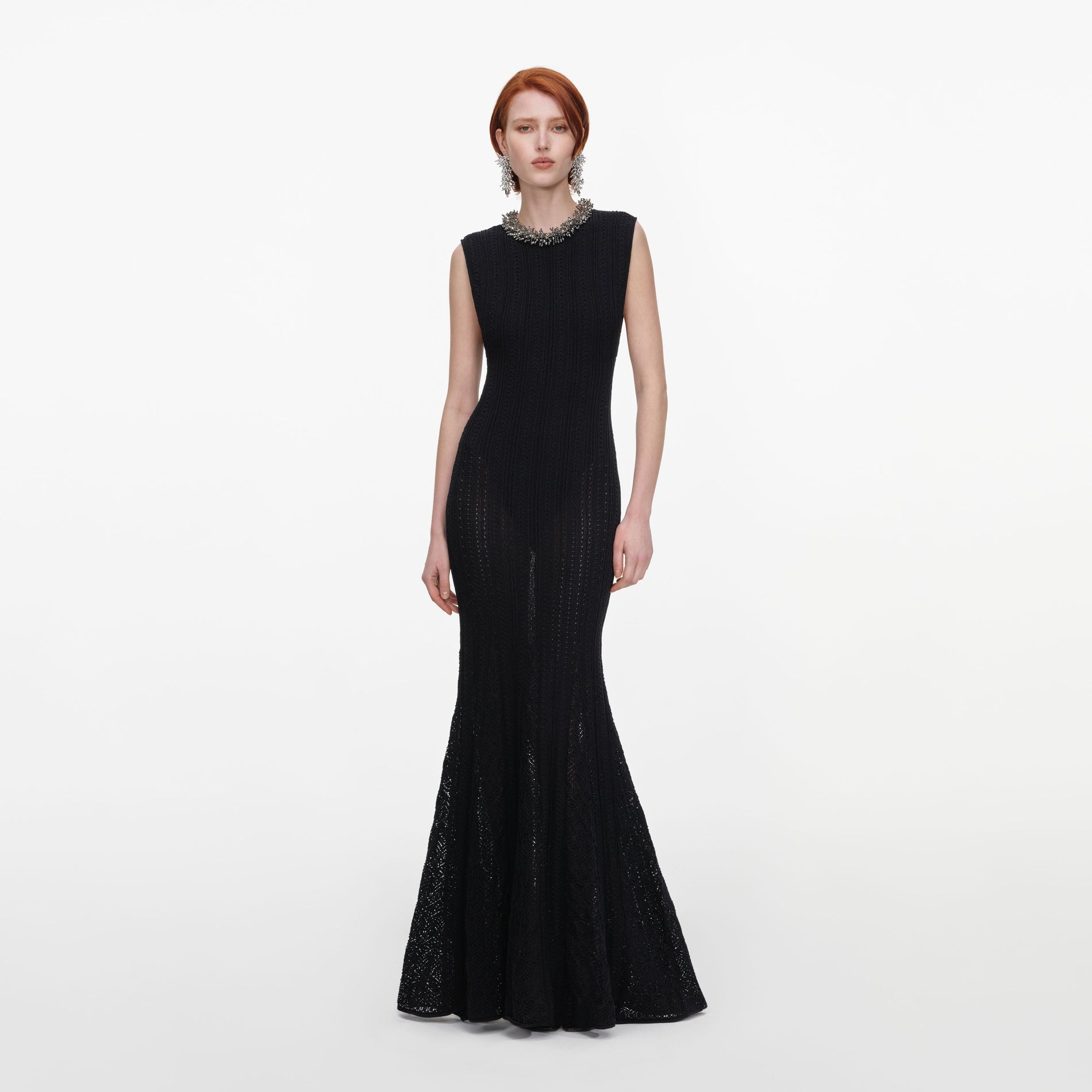 Front view of a woman wearing the Black Beaded Pointelle Knit Maxi Dress