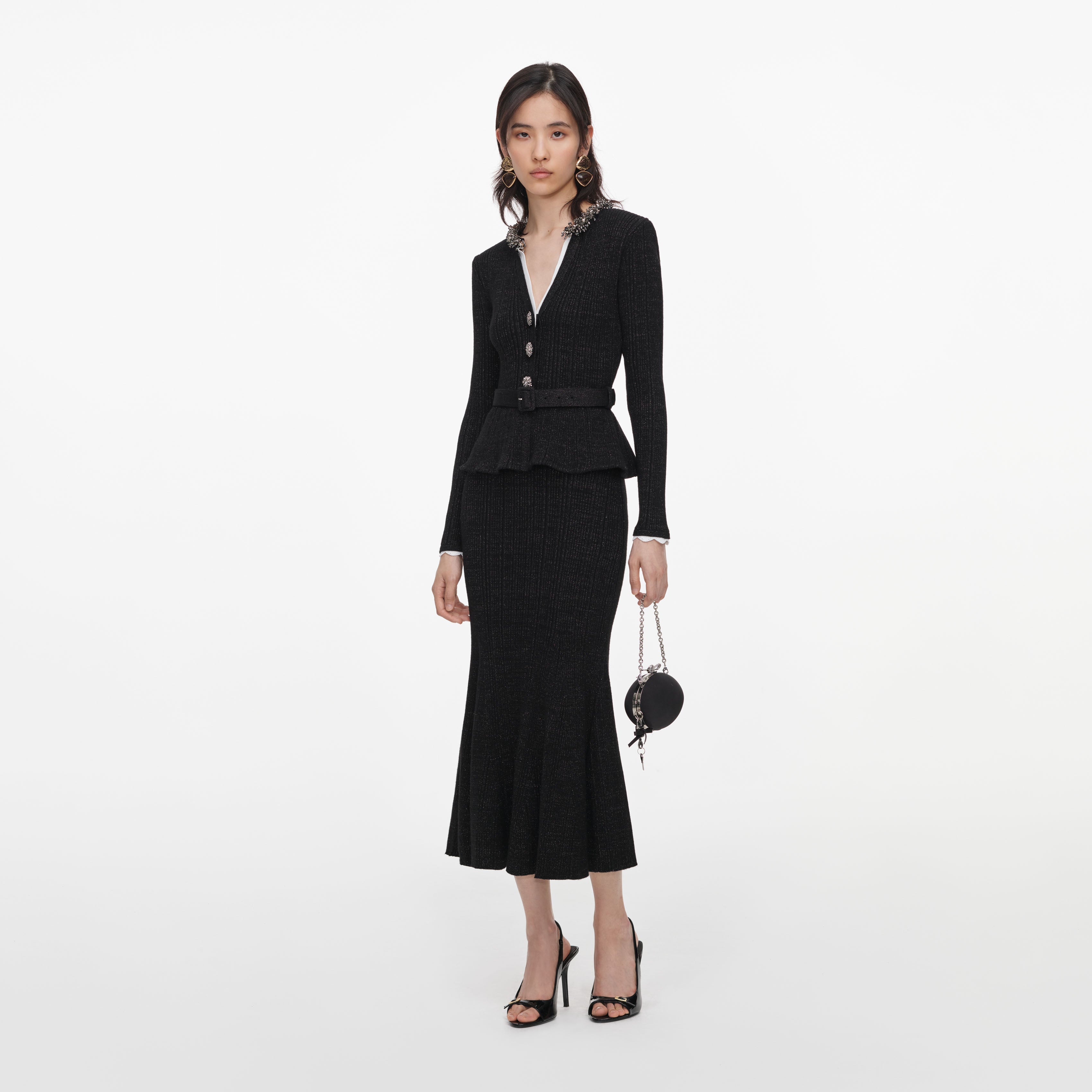 Black Lurex Rib Knit Midi Dress