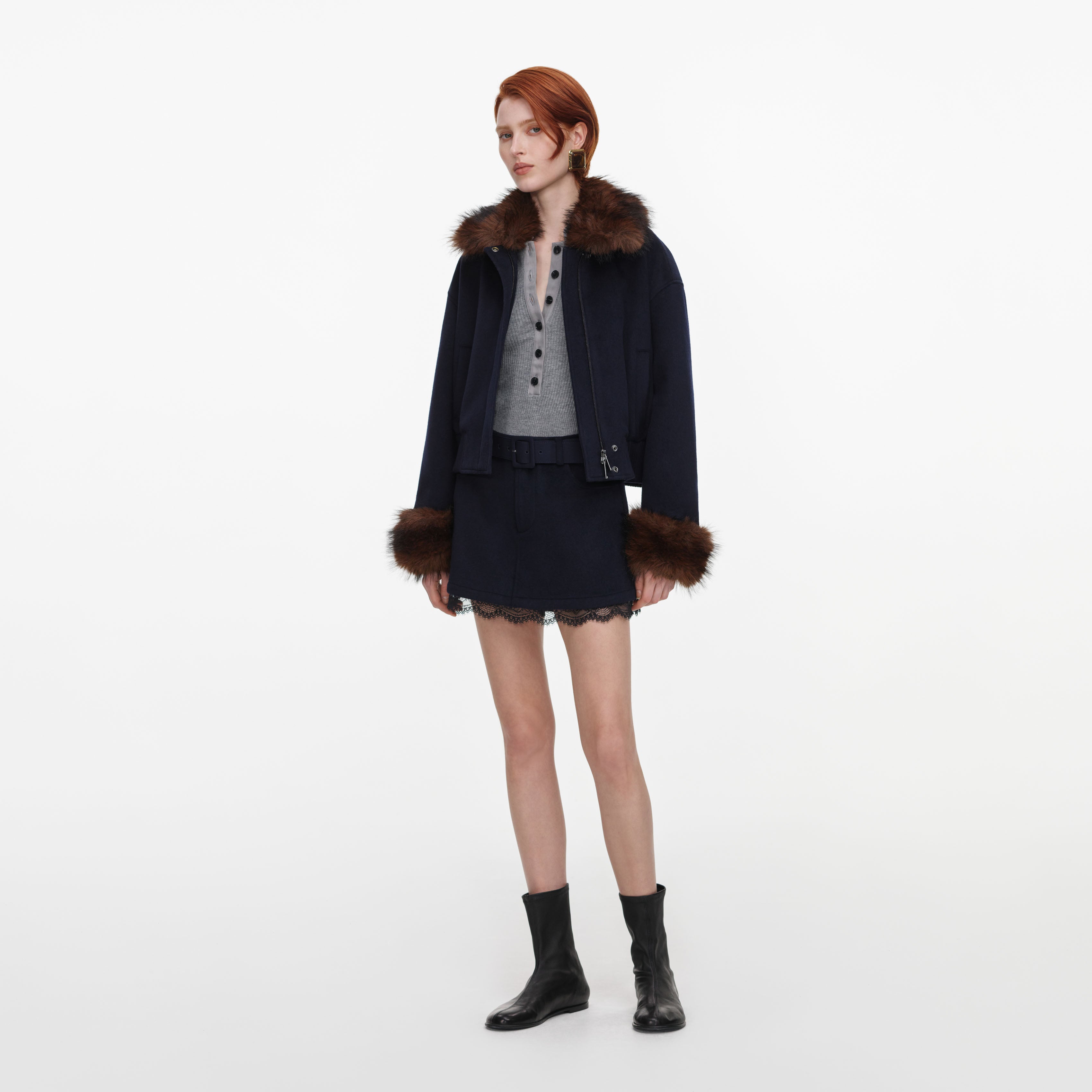 Navy Wool Fur Trim Jacket