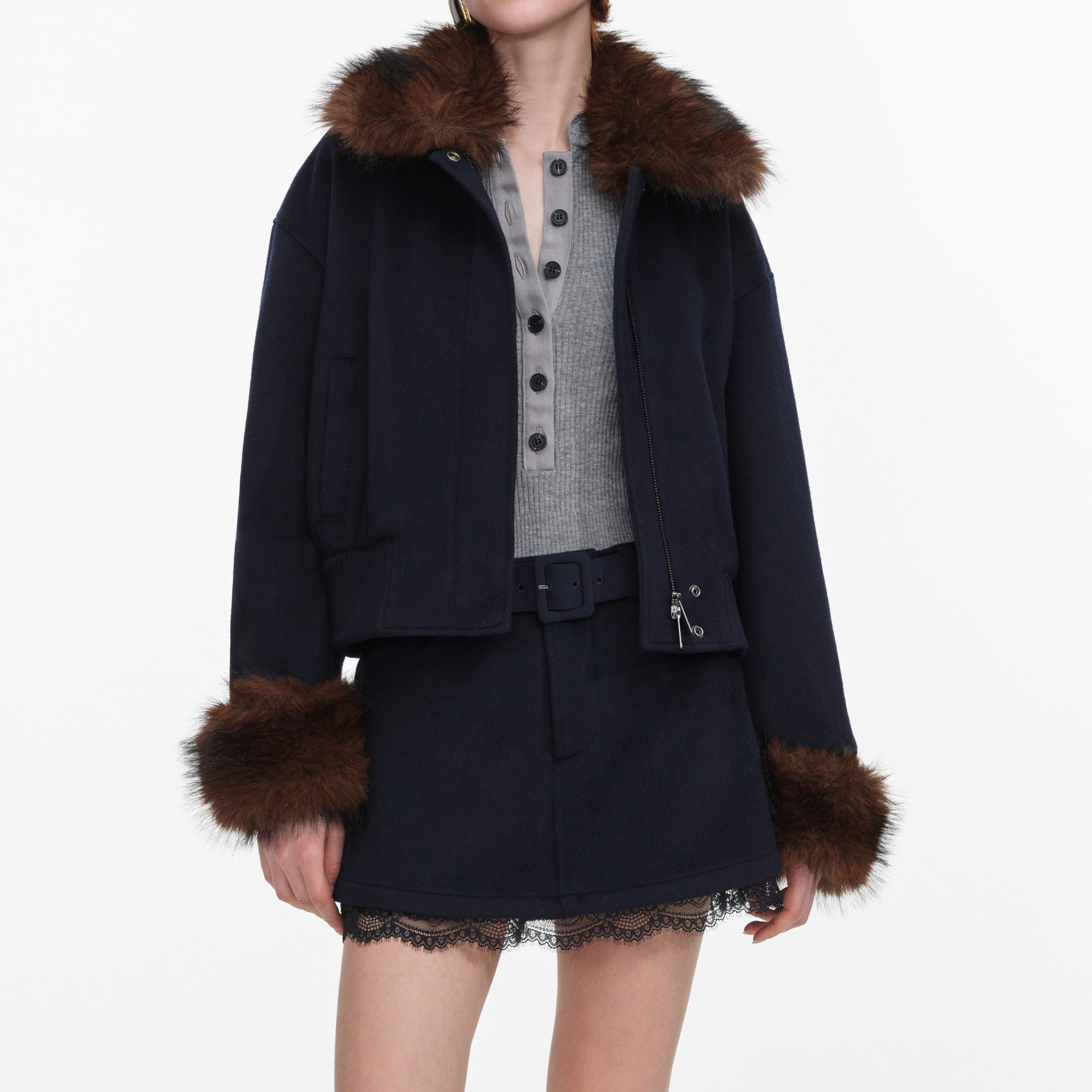 Navy Wool Fur Trim Jacket