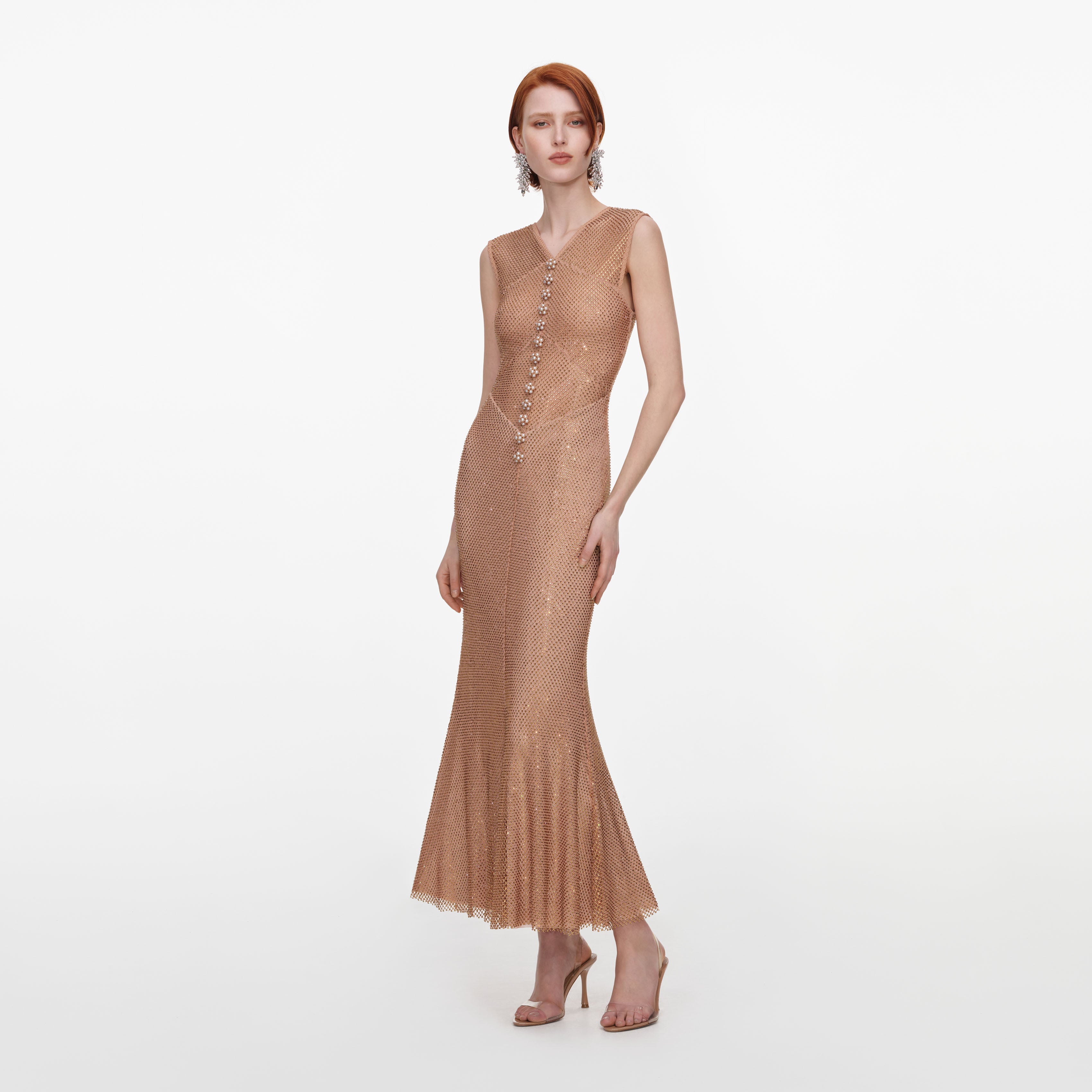Champagne Rhinestone Fishnet Midi Dress