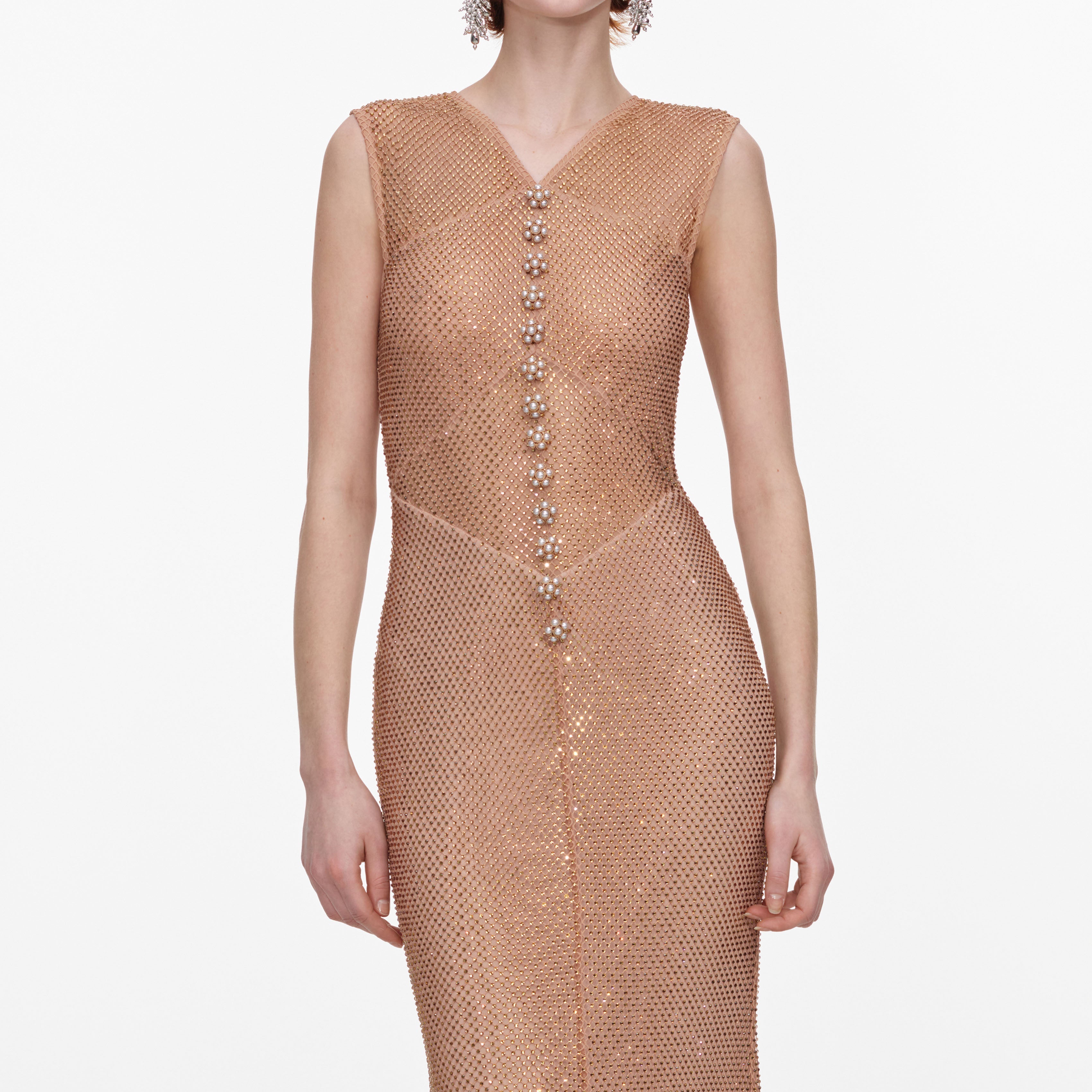 Champagne Rhinestone Fishnet Midi Dress