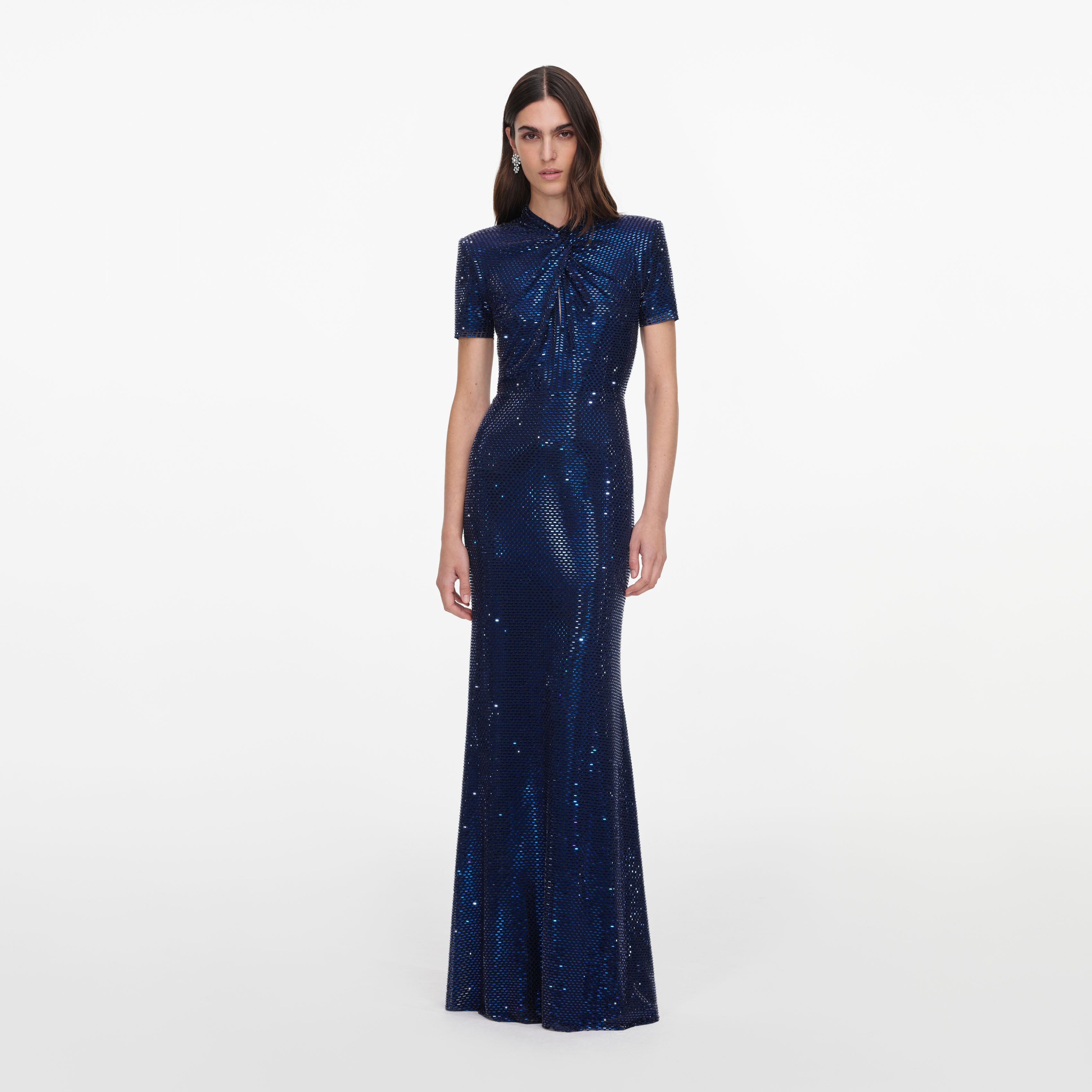 Navy Rhinestone Mesh Twist Maxi Dress