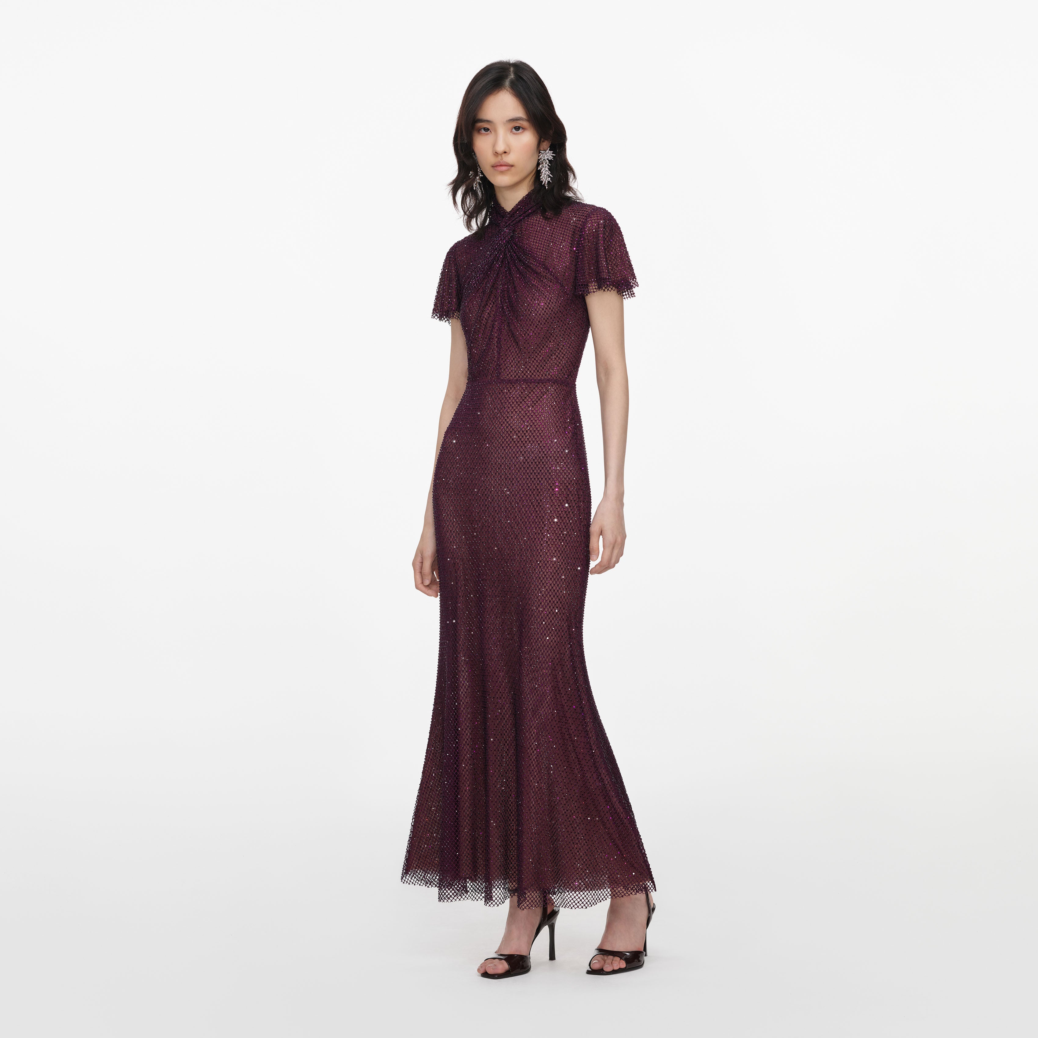 Burgundy Rhinestone Fishnet Midi Dress