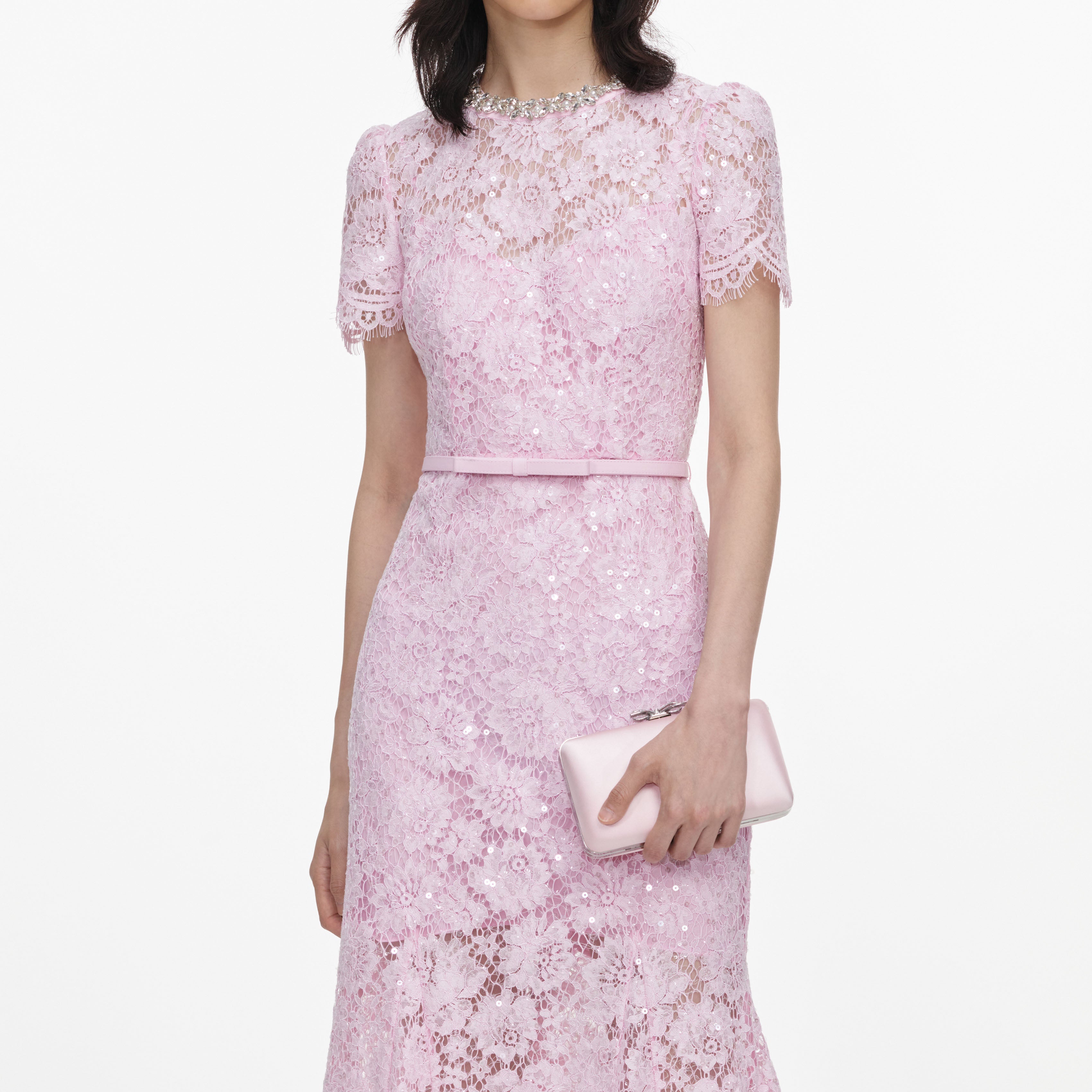 Pink Sequin Lace Midi Dress